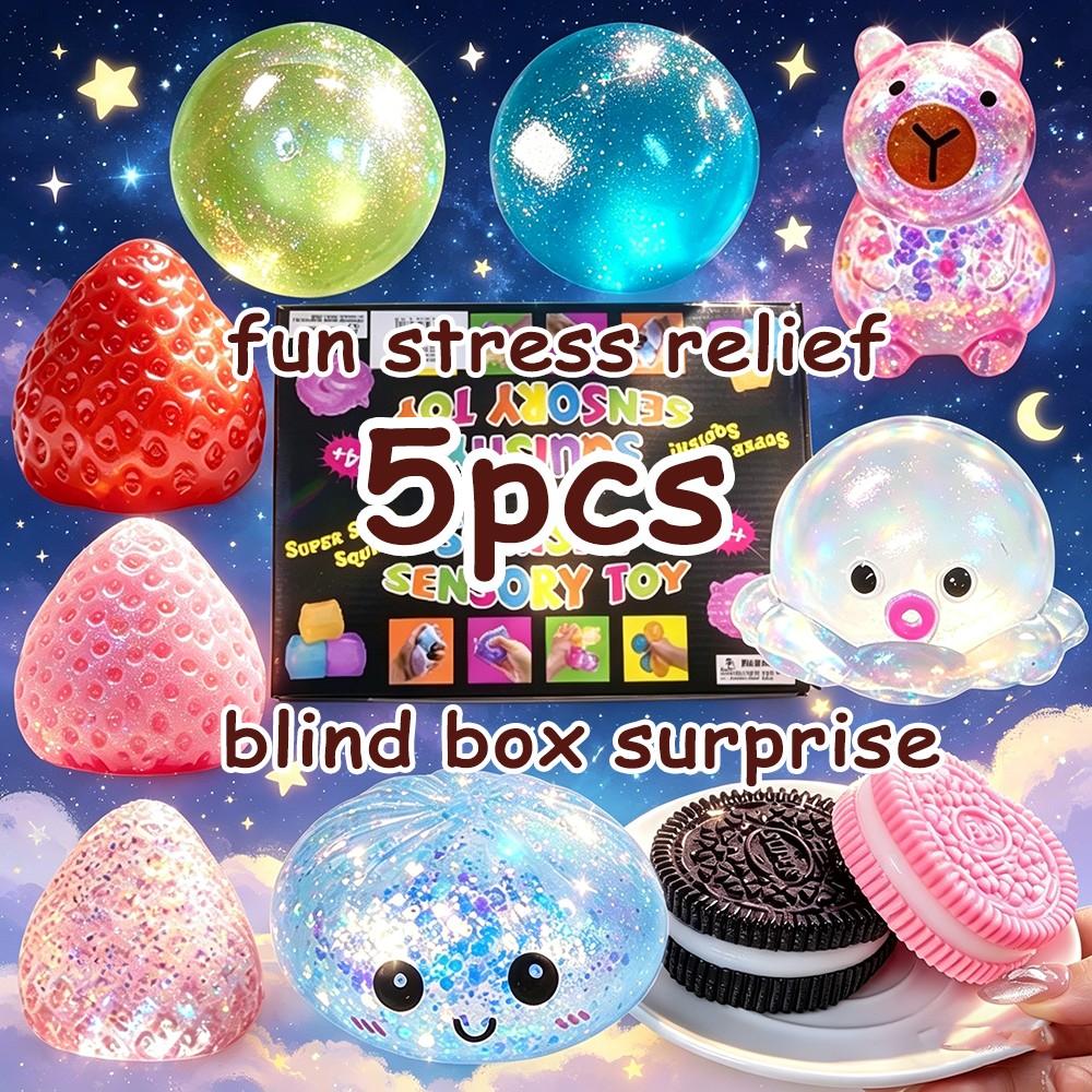 5-Piece Blind Box Set, Soft Shell Octopus Candy Flash Card, Cute Strawberry Cookie Squeeze Toy, Stress Relief Gift Kit, Random Colors