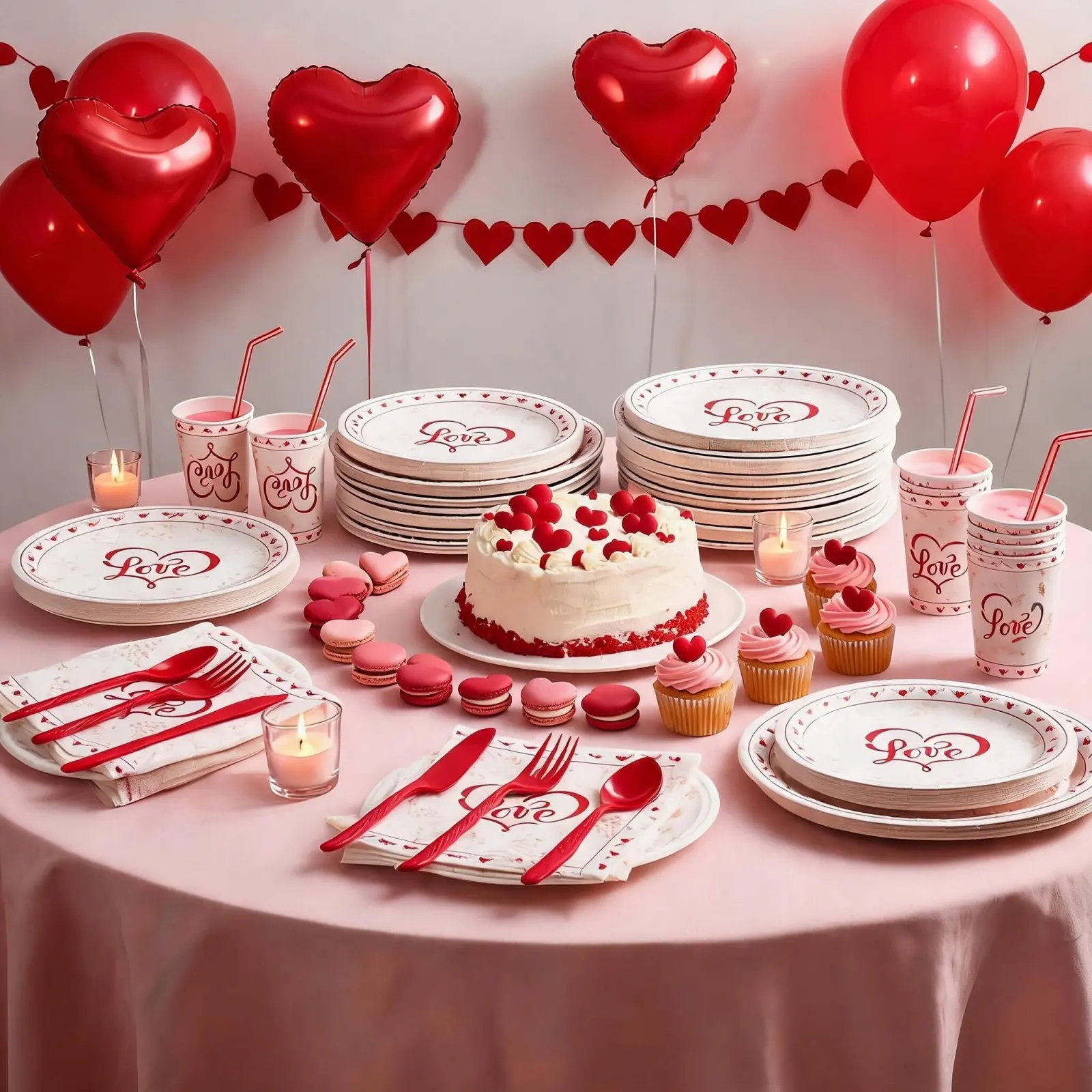 215 Piece Disposable Holiday Tableware Set with Plates, Cups, Napkins, Cutlery and Straws, Bulk Party Supplies for 25 Guests, Great for Christmas, Halloween and Valentine's Day, Easy Cleanup
