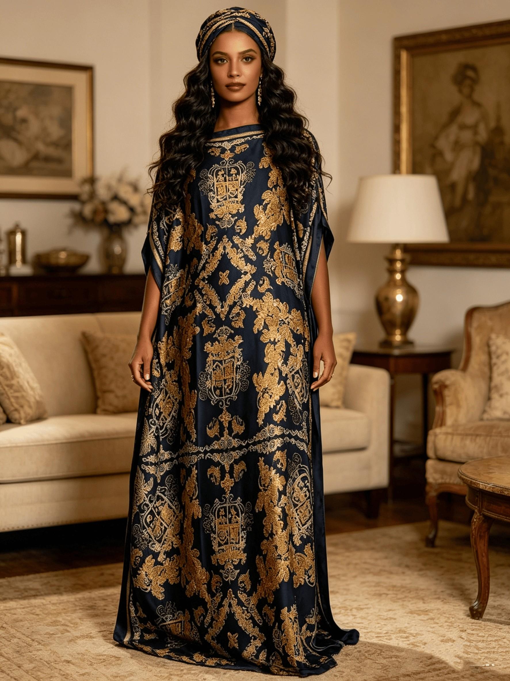 2026 New Women's 2 Piece Black Gold Baroque Print Kaftan Maxi Dress with Matching Headscarf, Silky Loose Pleated Robe, Plus Size Friendly, Beach Cover Up, Resort Vacation & Luxury Evening Party Wear