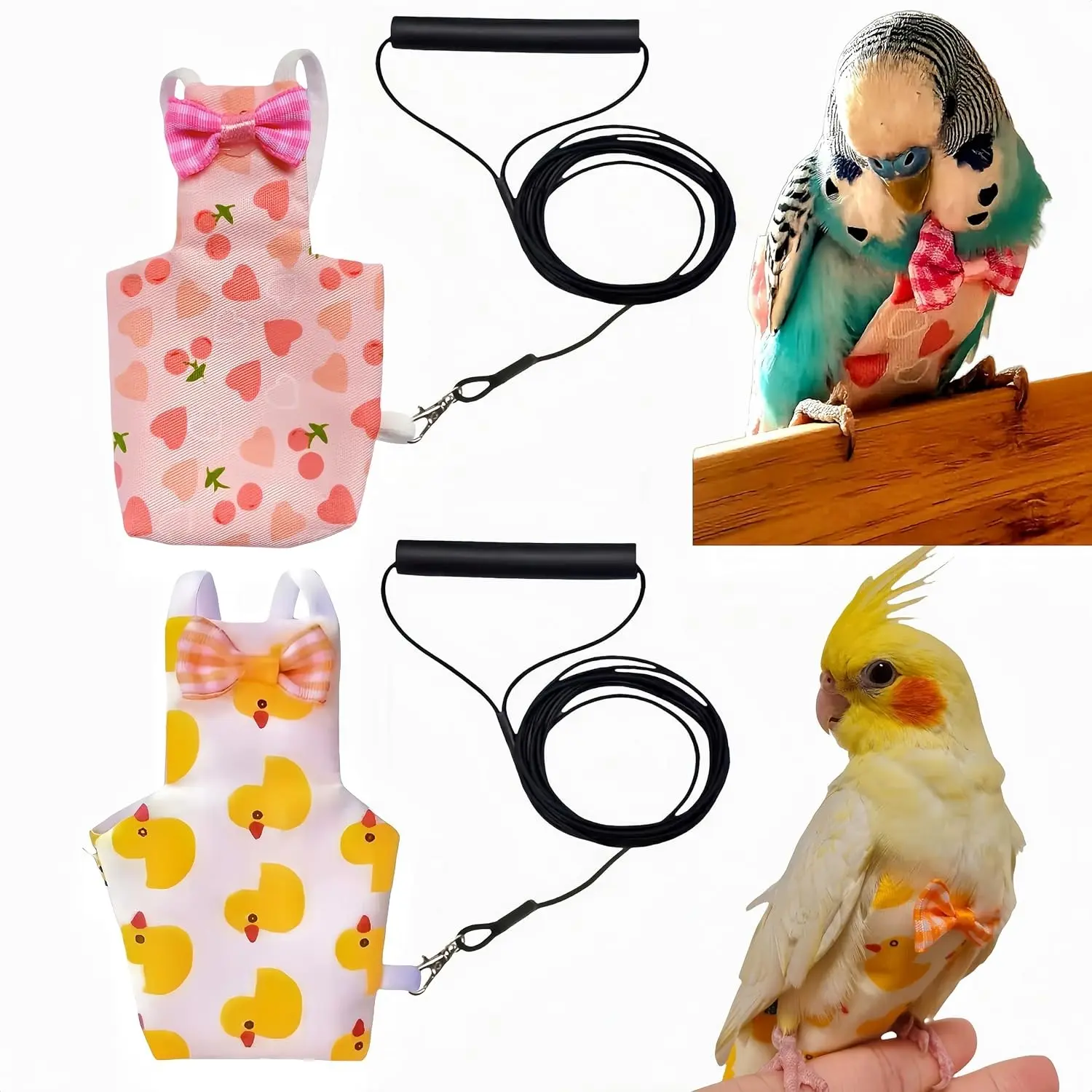 2Pcs Bird Diapers Harness Flight Suits with 2Pcs 80 Inch Flying Leash, Parrot Nappy Pigeon Urine Costume for Cockatiel Conure Macaw Budgies Parakeet - Heart & Duck Design