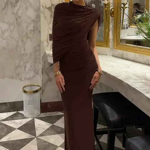 Women‘s Elegant Solid Ruched Irregular Neck Sleeveless Bodycon Dress, Plain Plicated Slim-fitting Party Club Date Evening Gown Formal Dress, Ladies Summer All Seasons Holiday Casual Long Dresses Clothes