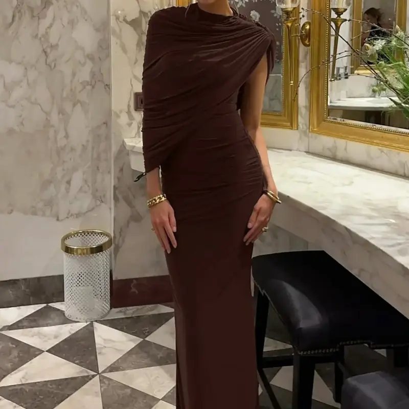 Women‘s Elegant Solid Ruched Irregular Neck Sleeveless Bodycon Dress, Plain Plicated Slim-fitting Party Club Date Evening Gown Formal Dress, Ladies Summer All Seasons Holiday Casual Long Dresses Clothes