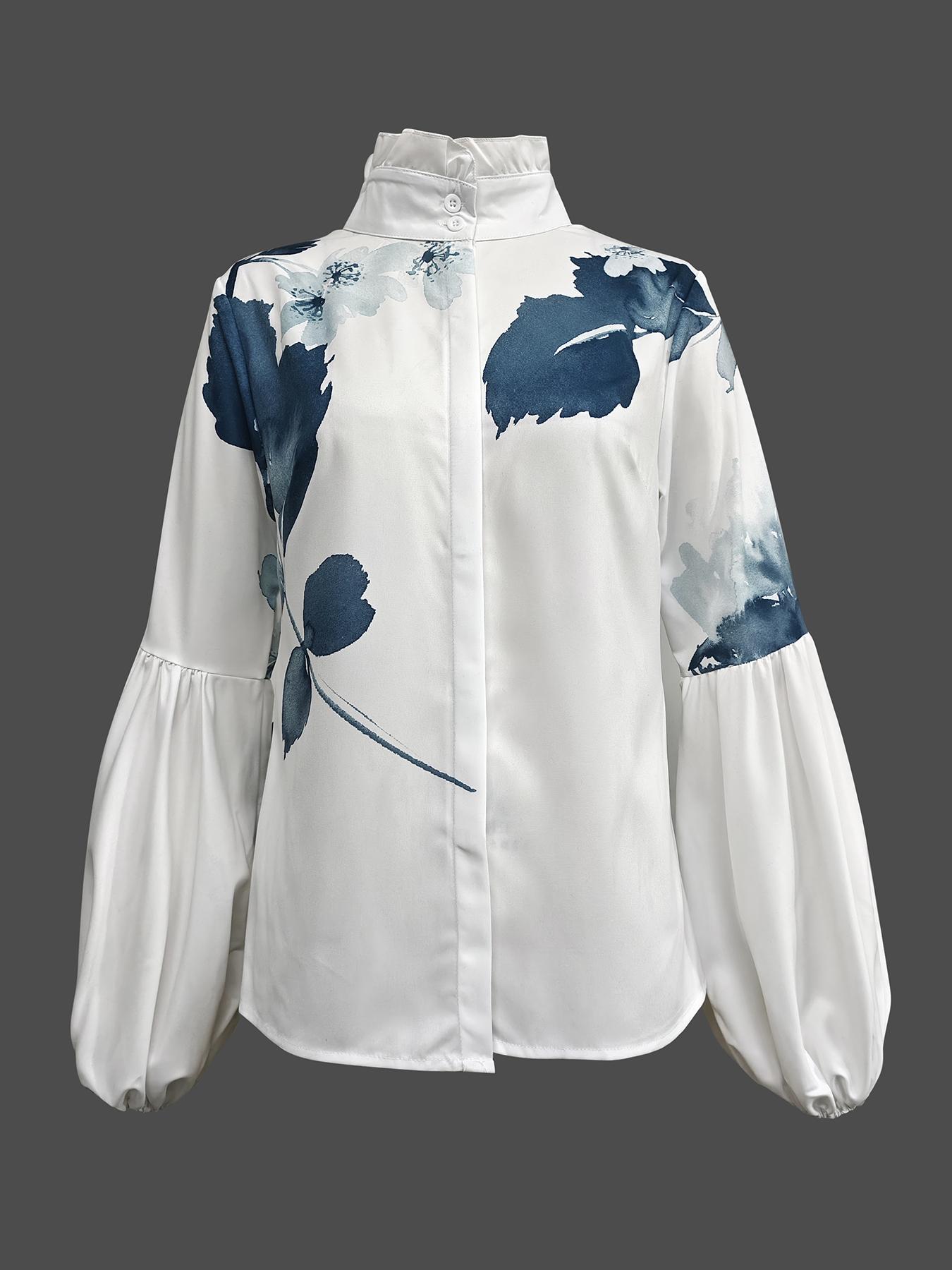 Women's Floral & Leaf Print Button Decor Shirts, Casual Elegant Bishop Sleeve Top for Daily Wear, Ladies Clothes for All Seasons, Button Up Blouse