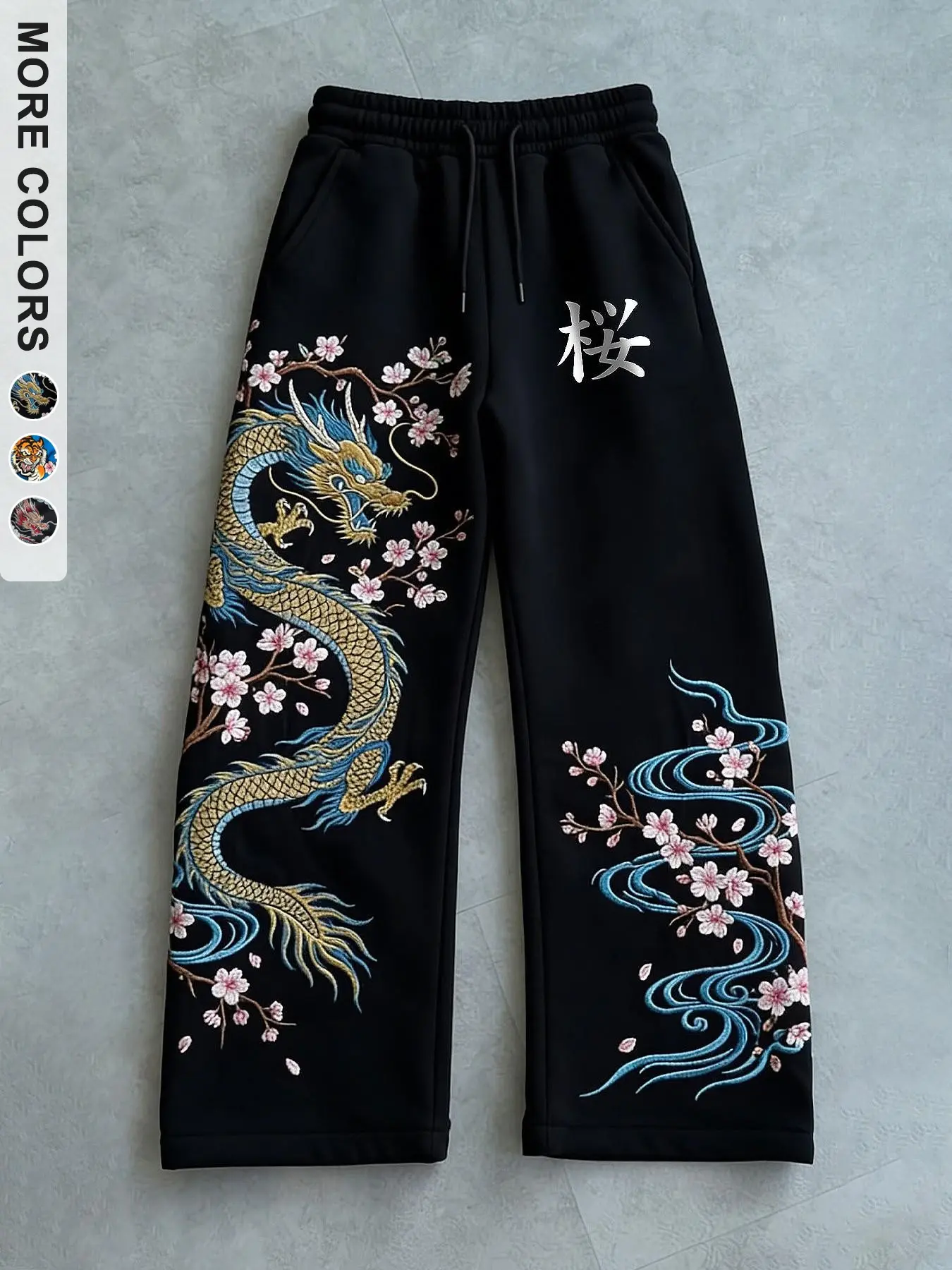 Neutral Style China Dragon Print Sweatpants, Cherry Blossom Graphic Streetwear Design, Loose Fit, Comfortable for Daily Wear & Trendy Scenes