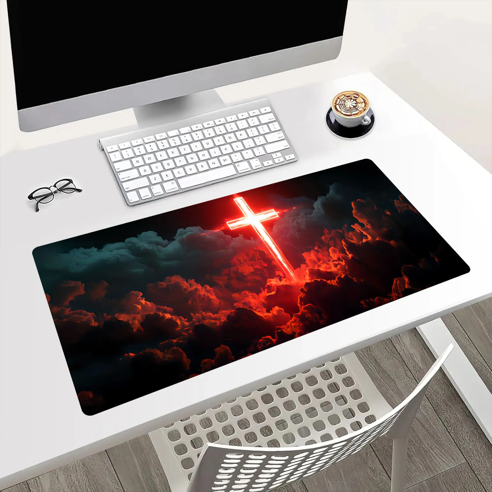 Large E-Sports Gaming Mouse Pad - Desk & Office Use, Non-Slip Rubber Surface, Red Luminous Cross, Multicolor Print, Washable Gaming Accessory for Gamers, Office Mouse Pad