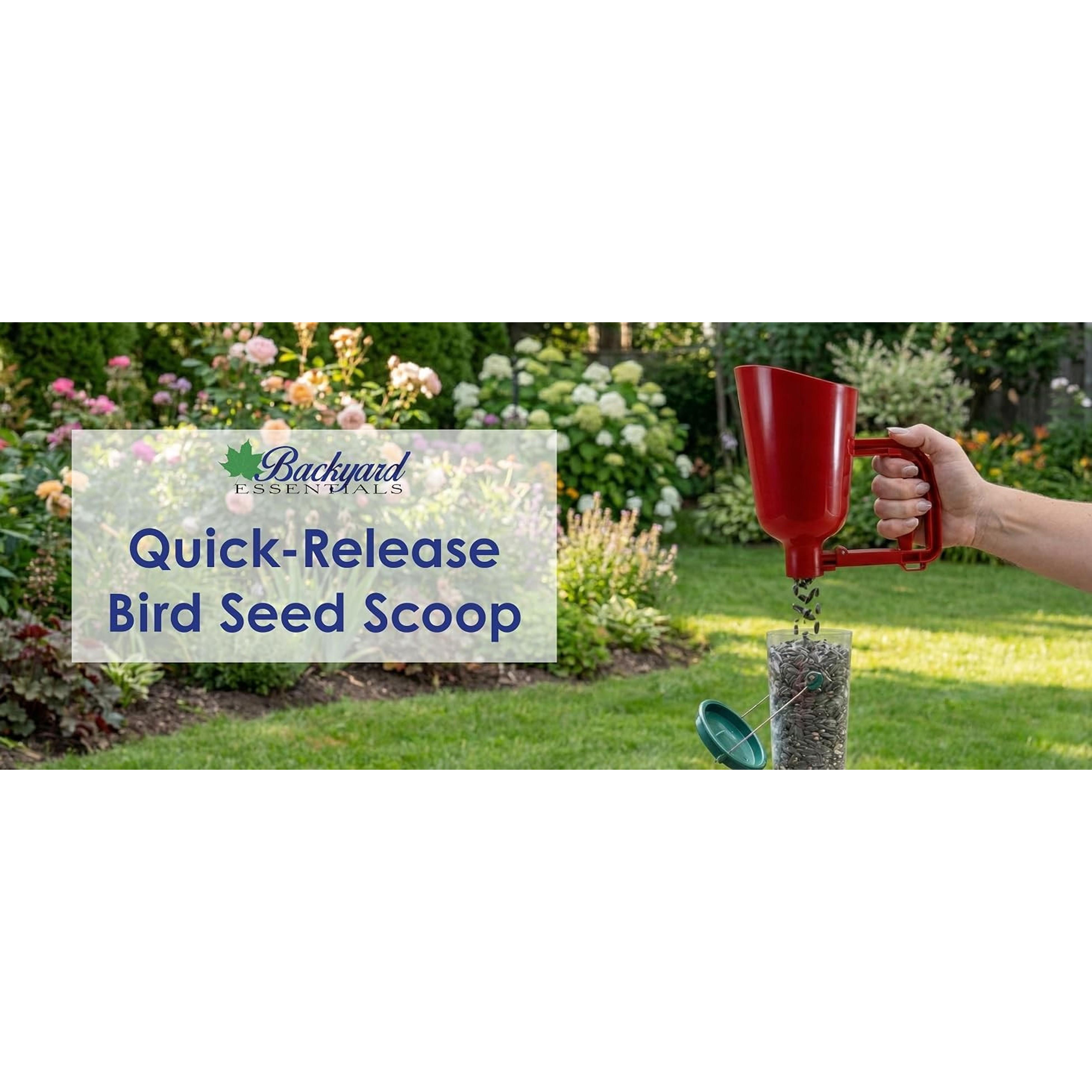 4-Cup Bird Seed Scoop - Plastic Feed Dispenser with Funnel Shape, Handle-Trigger Grip, Quick Release for Filling Bird Feeders, Fits Any Seed