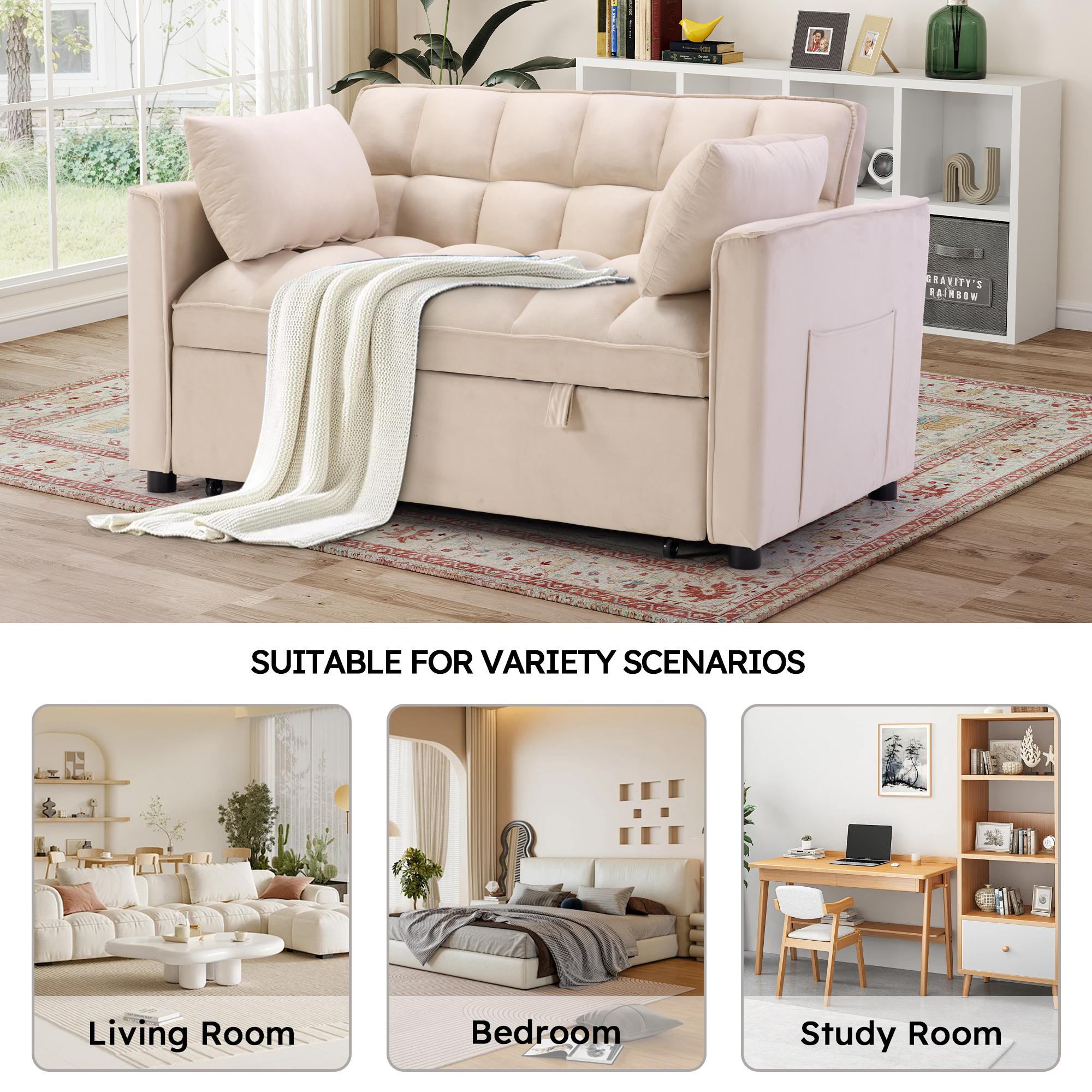 [SpringStatements] Convertible Sofa Bed 3 in 1 Multi-Functional Sleeper Couch, Futon Pull Out Bed, Velvet Loveseat Chaise Lounge with Side Pockets and Pillows, Modern Sleeper Sectional Sofa