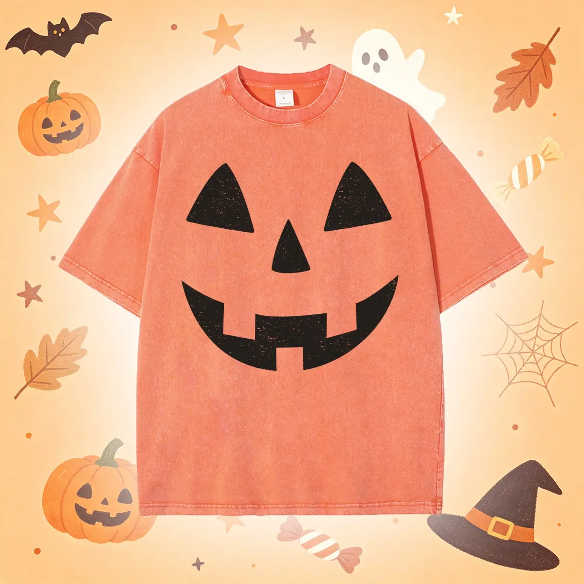 Vintage Distressed Jack‑o‑Lantern Graphic Washed T‑Shirt, Classic Halloween Pumpkin Face Print Oversized Casual Short Sleeve Streetwear Tee for Men Women