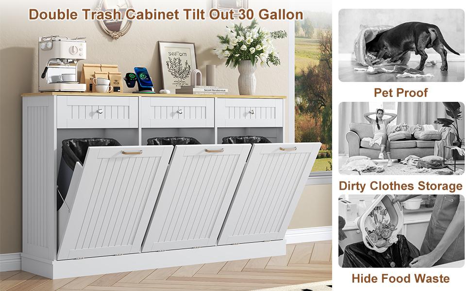 Tilt Out Trash Cabinet Freestanding Single Double Triple Bin Kitchen Garbage Can Cabinet with Drawer and Cutting Board Pet Proof Wood Recycling Station