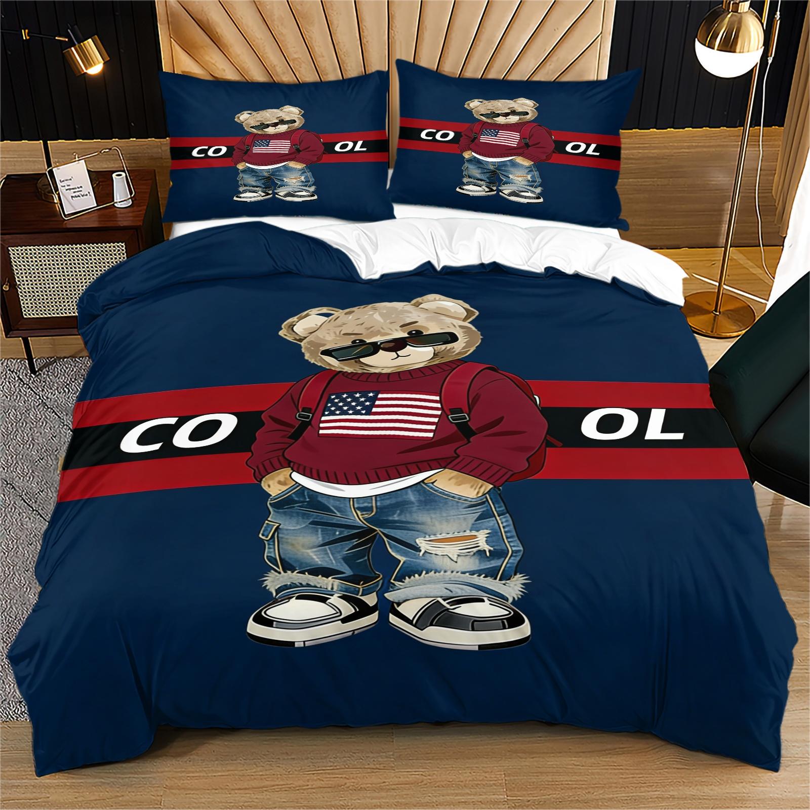 Trendy Bear Print Quilt Cover Set, includes 1 quilt cover and 1 or 2 pillowcases, does not include quilt or pillow inserts, suitable for bedroom or dormitory bedding sets, ideal for gifting or personal use