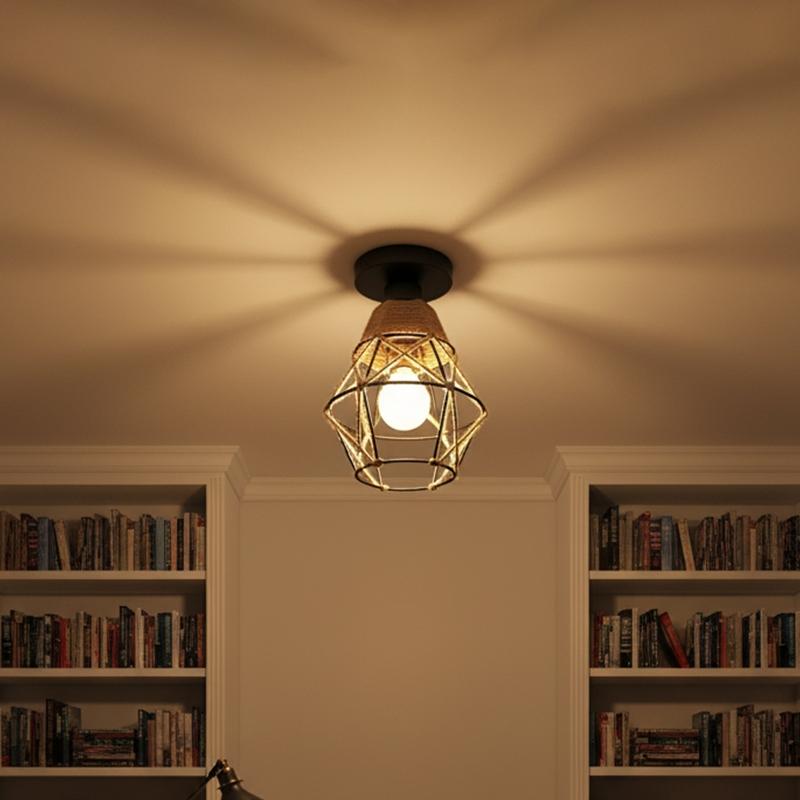 Hemp Rope Ceiling Light, Embedded Ceiling Lamp, E27 Socket, Hardwired, Rustic Metal Fixture, for Entryway, Hallway, Kitchen, Bedroom, Study