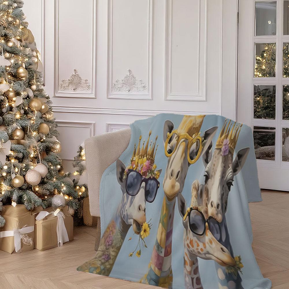 Passionate Lily Giraffe Blanket - Soft Flannel Giraffe Pattern with Crown and Stylish Glasses, Thick Fleece Blanket, Bedroom Throw, Couple's Blanket, Extra Large Leisure Blanket, Living Room Blank