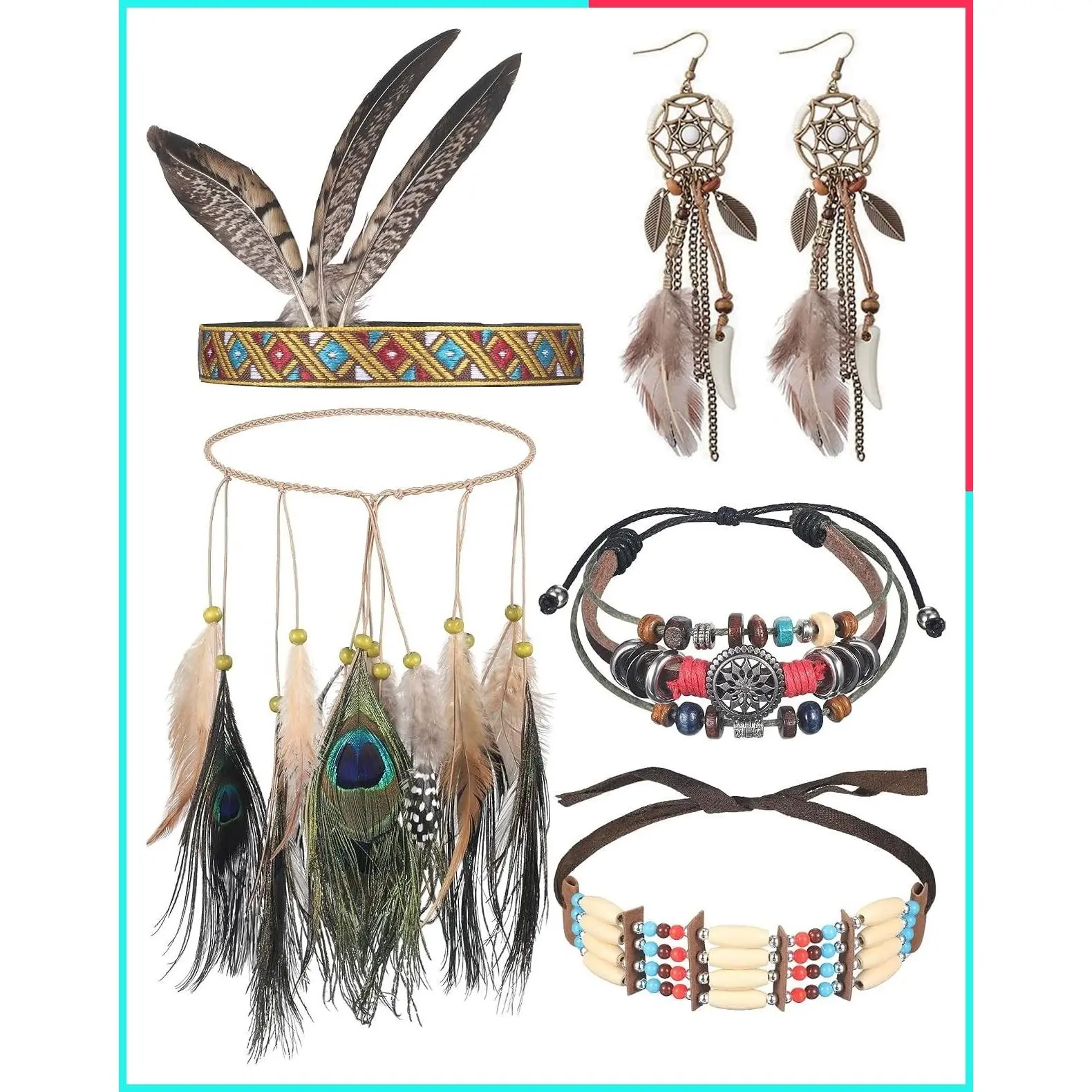 5-Piece Indian Native American Jewelry Set - Feather Headdress, Faux Peacock Feather Hair Band, Boho Dream Catcher Dangle Earrings, Choker Necklace & Bracelet for Women