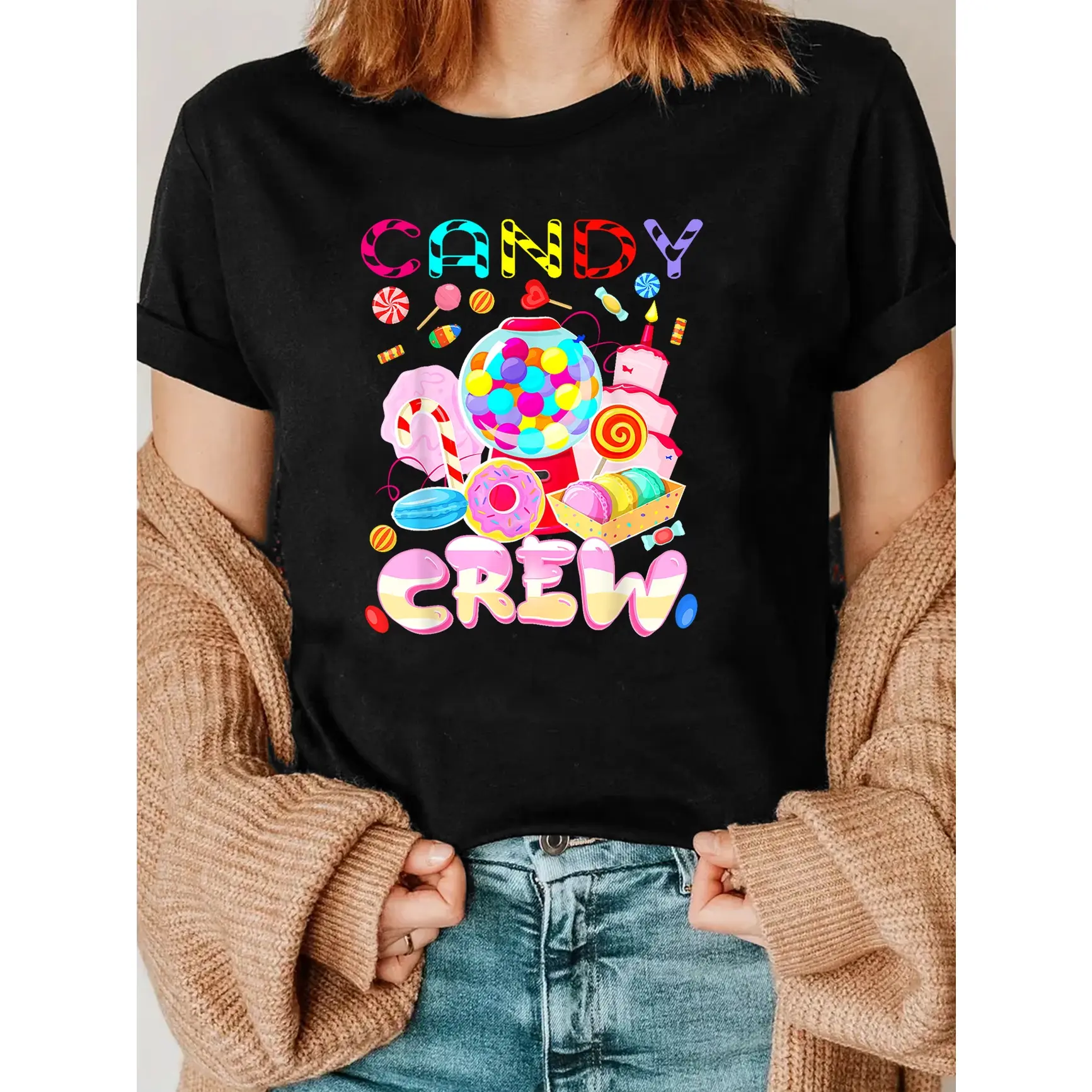 Kawaii Candy Lover Graphic Tee – "CANDY CREW" Gumball Machine, Donuts, Macarons & Lollipop Colorful Illustration, Sweet Pastel Print, 100% Cotton Non-Washed Shirt, SummerVibes Ideal Gift For Teens, Best Halloween Trick-or-Treat Outfit