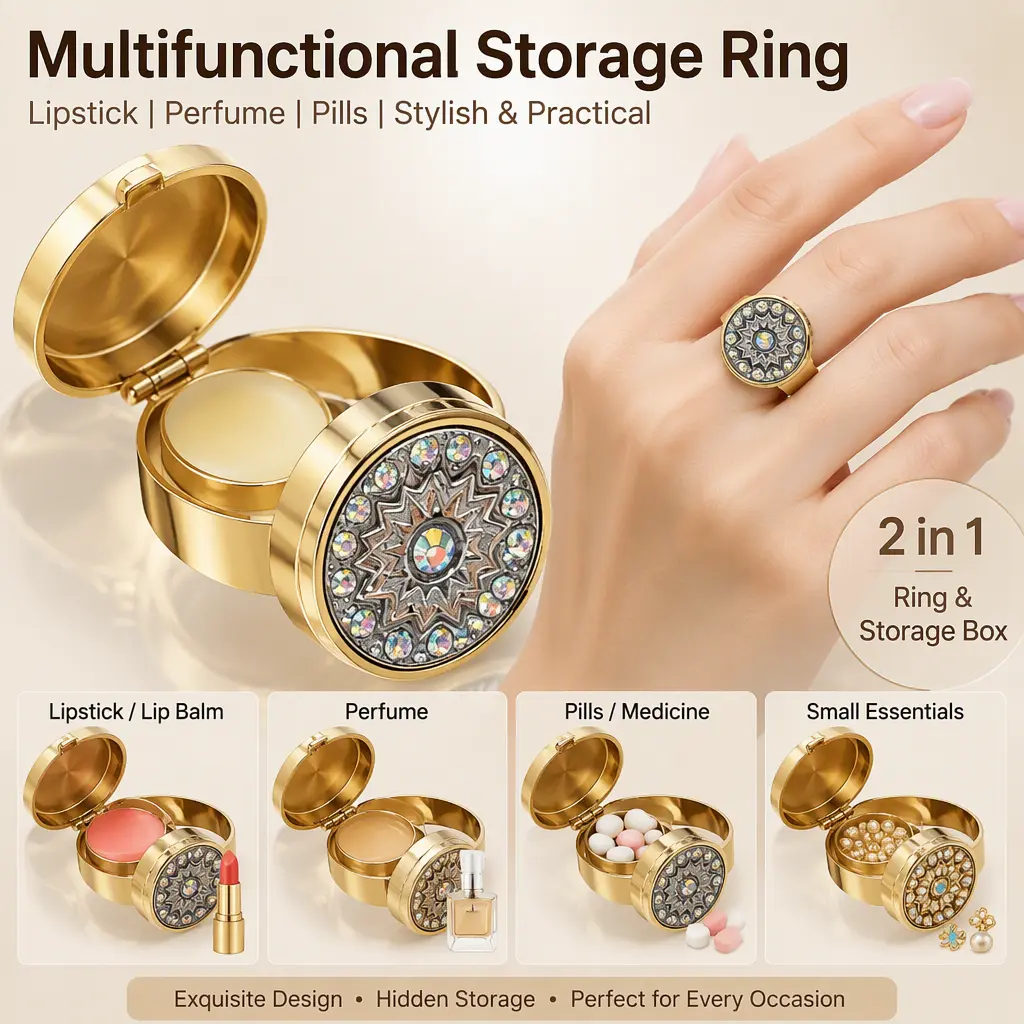 Cross-border Trendy Designer Storage Ring, Versatile Multifunctional Locket Ring with Hidden Chamber to Store Lipstick, Lip Balm, Aroma Fragrance and Pills