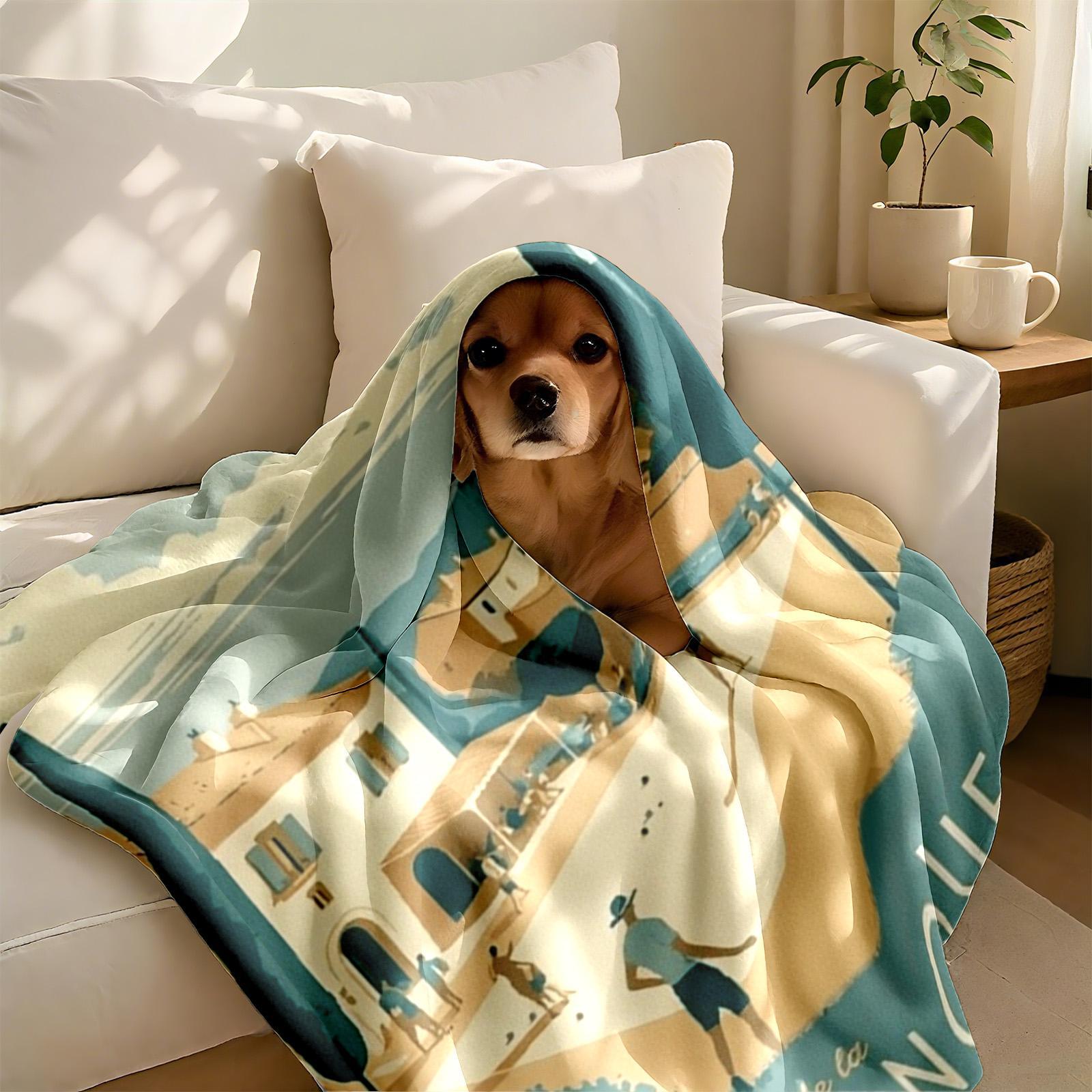 1 piece Provence countryside pet circle ball sports scene themed flannel blanket - Flannel blanket with modern design, suitable for sofas and beds, all-season use, super soft and comfortable, digitally printed pattern, 100% polyester material