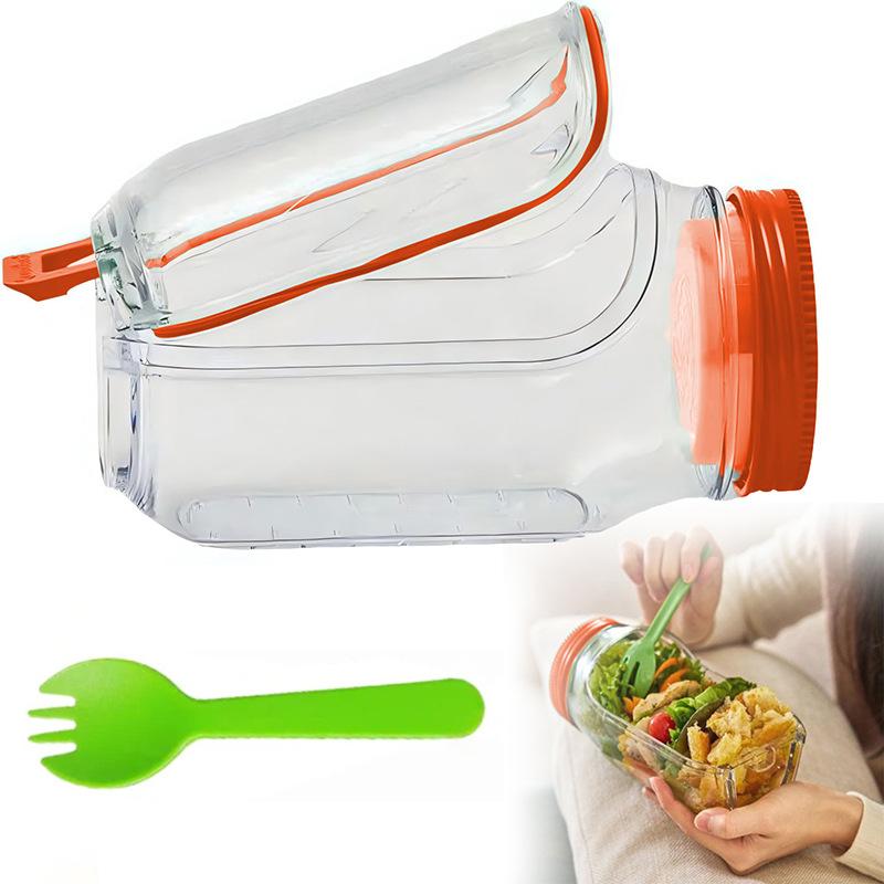 Portable Salad Jar With Side Access Leak-Proof Food Storage Container With Sauce Compartment Lid And Spoon For Outdoor Picnic BBQ For Renters Young Families Home Cooks