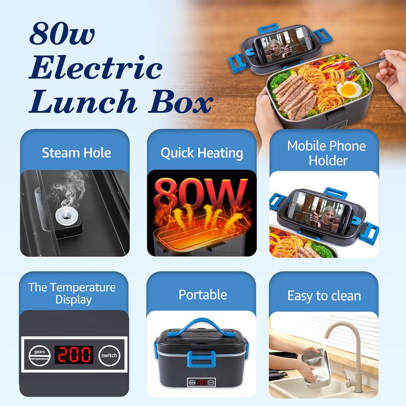 Electric Lunch Box Food Heater for Adults, Heated Lunch Box 12V/24V/110V Portable Food Warmer for Car/Truck/Office 1.8L Removab，dealsforyoudaysle Stainless Steel Container with Fork Spoon and Bag,dealsforyoudays