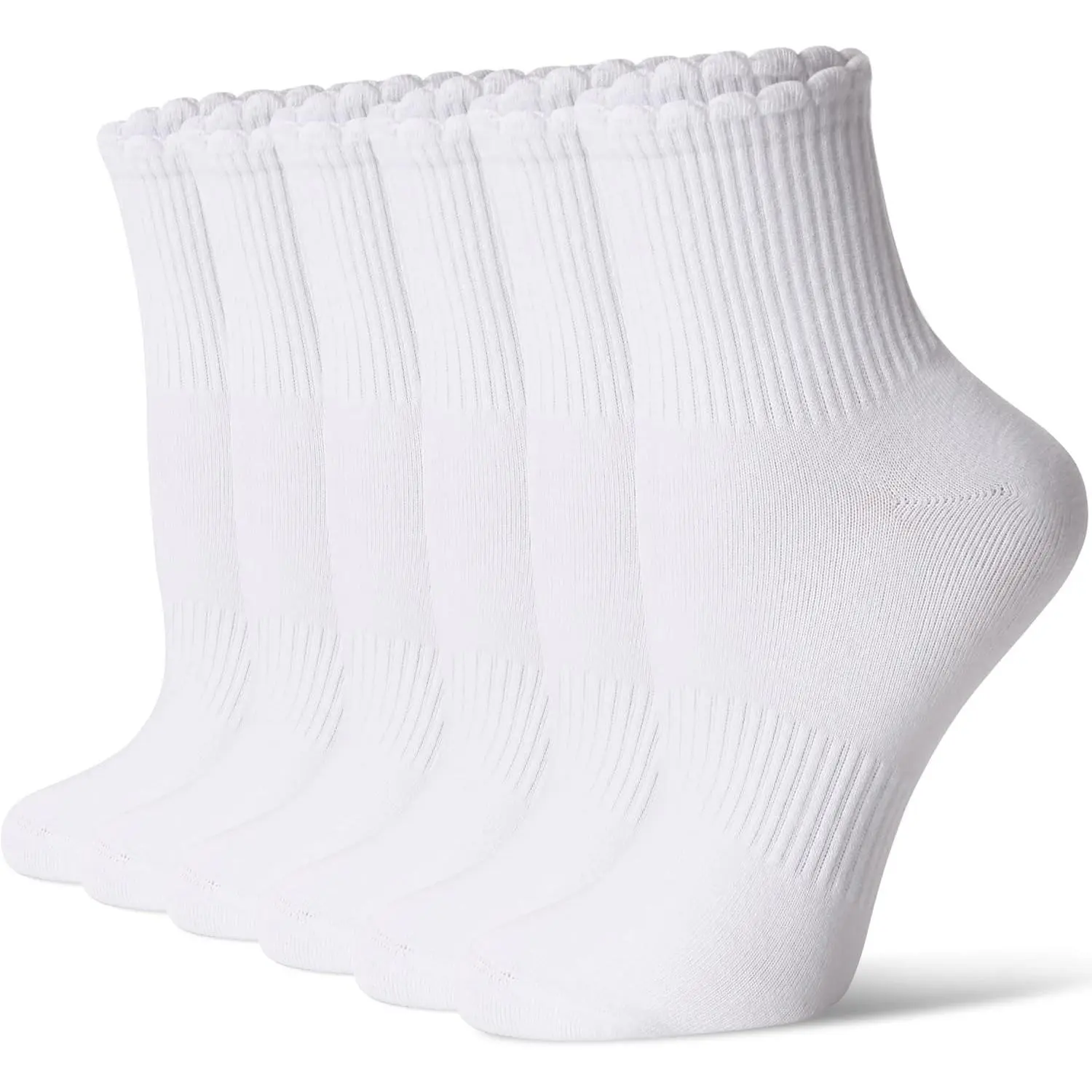 Women's Seamless Mini Crew Ankle Socks, 6 Pairs, Scalloped Top Design, Basic Casual Cotton Socks for Outdoor, Athletic, Day Wear, Fit