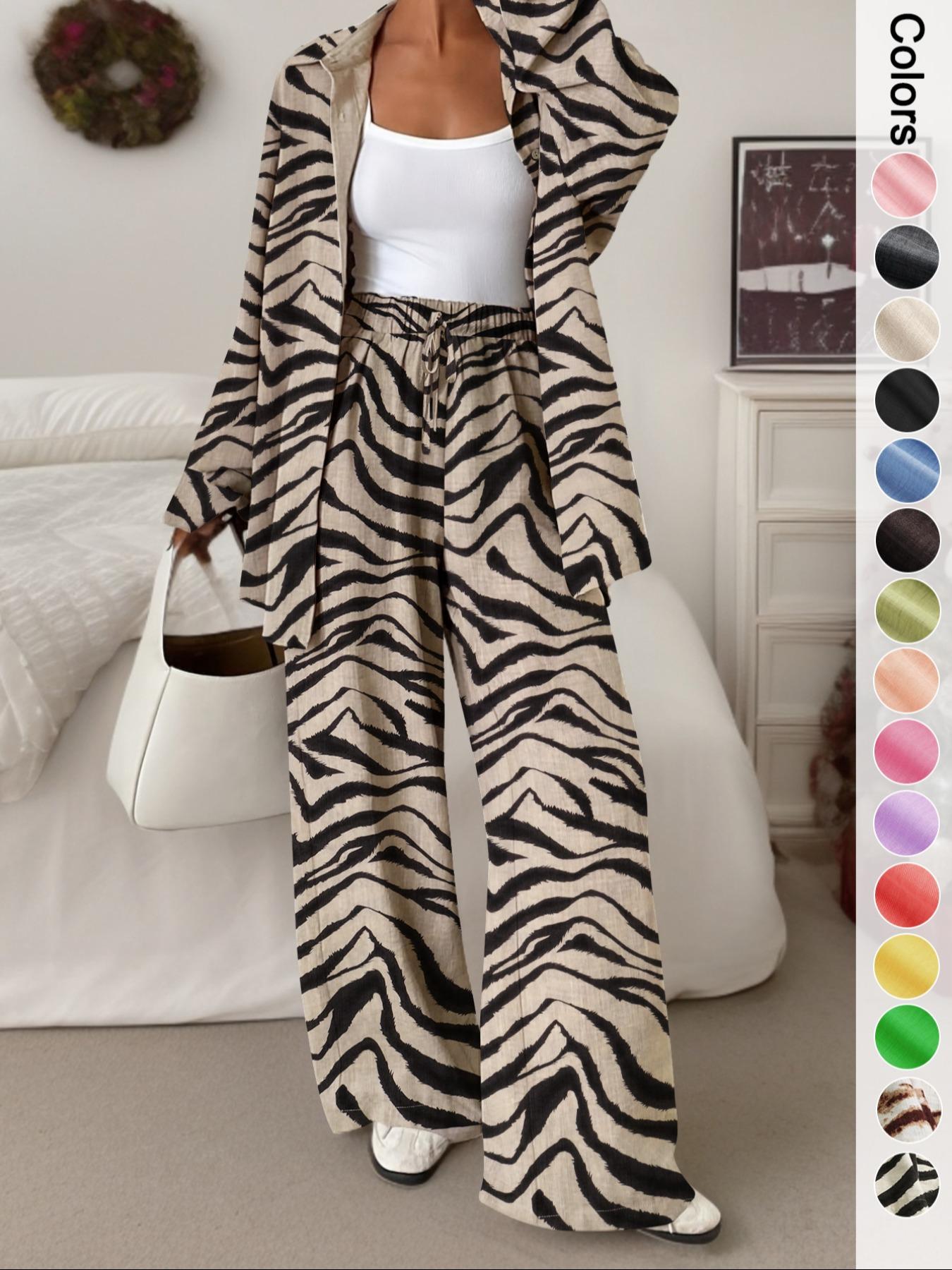 Women's Casual Sporty Shirt Long Pants Set, Loose Button-Up Top Wide Leg Pants Two-Piece Set, Comfortable and Stylish