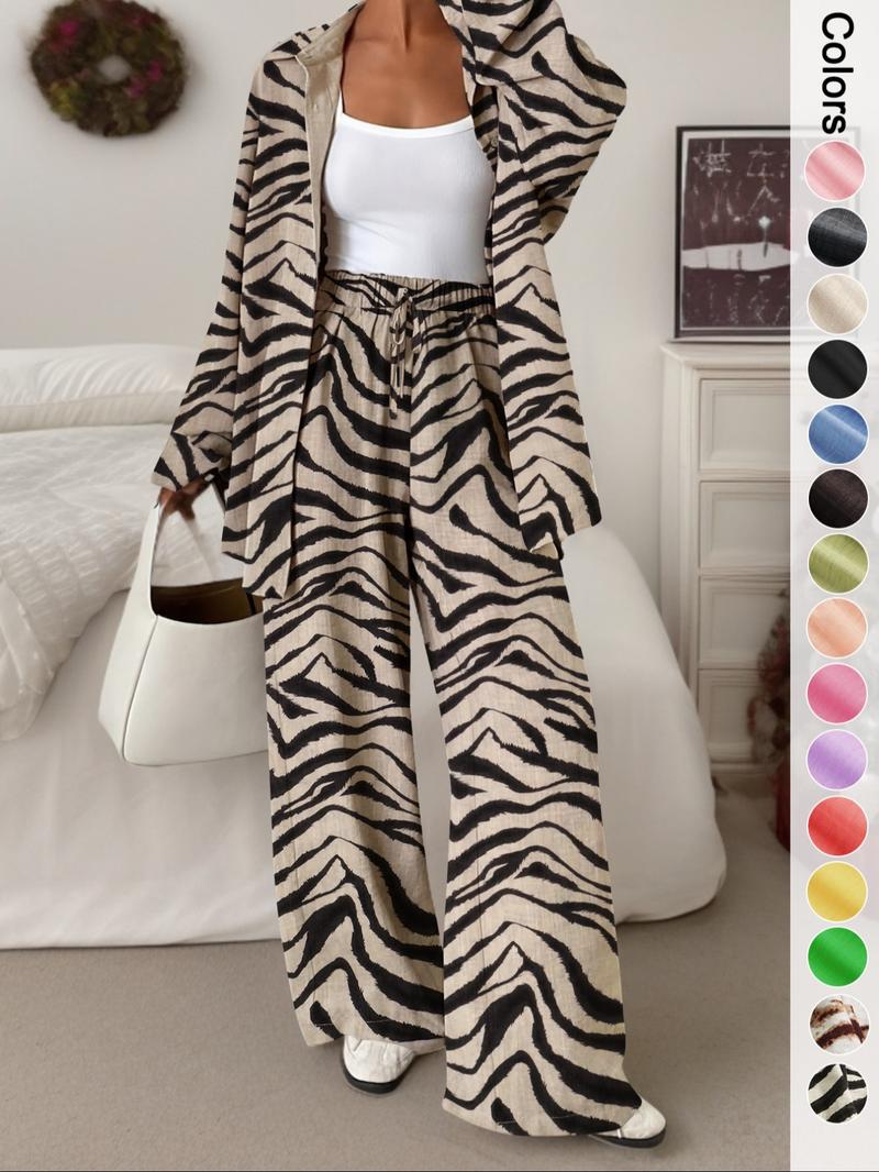 Women's Casual Sporty Shirt Long Pants Set, Loose Button-Up Top Wide Leg Pants Two-Piece Set, Comfortable and Stylish