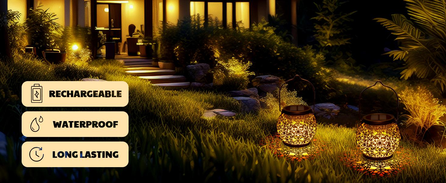 LeiDrail Solar Hanging Lanterns for Outdoor Garden, Waterproof Metal Lights, 2-Pack