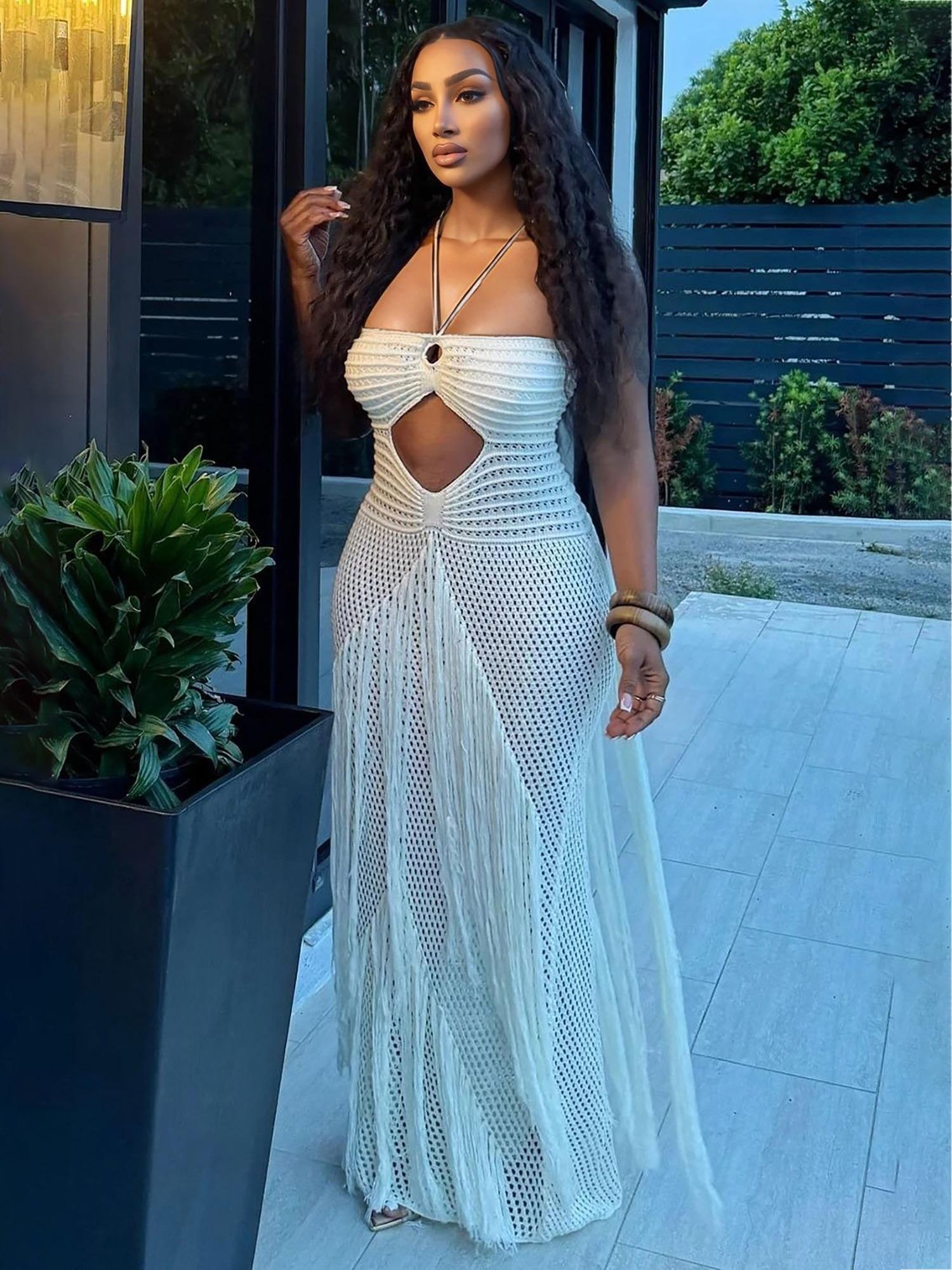 Women’s Crochet Maxi Dress with Fringe Detail, Boho Style Backless Halter Dress for Beach Party Vacation, Summer Resort Wear