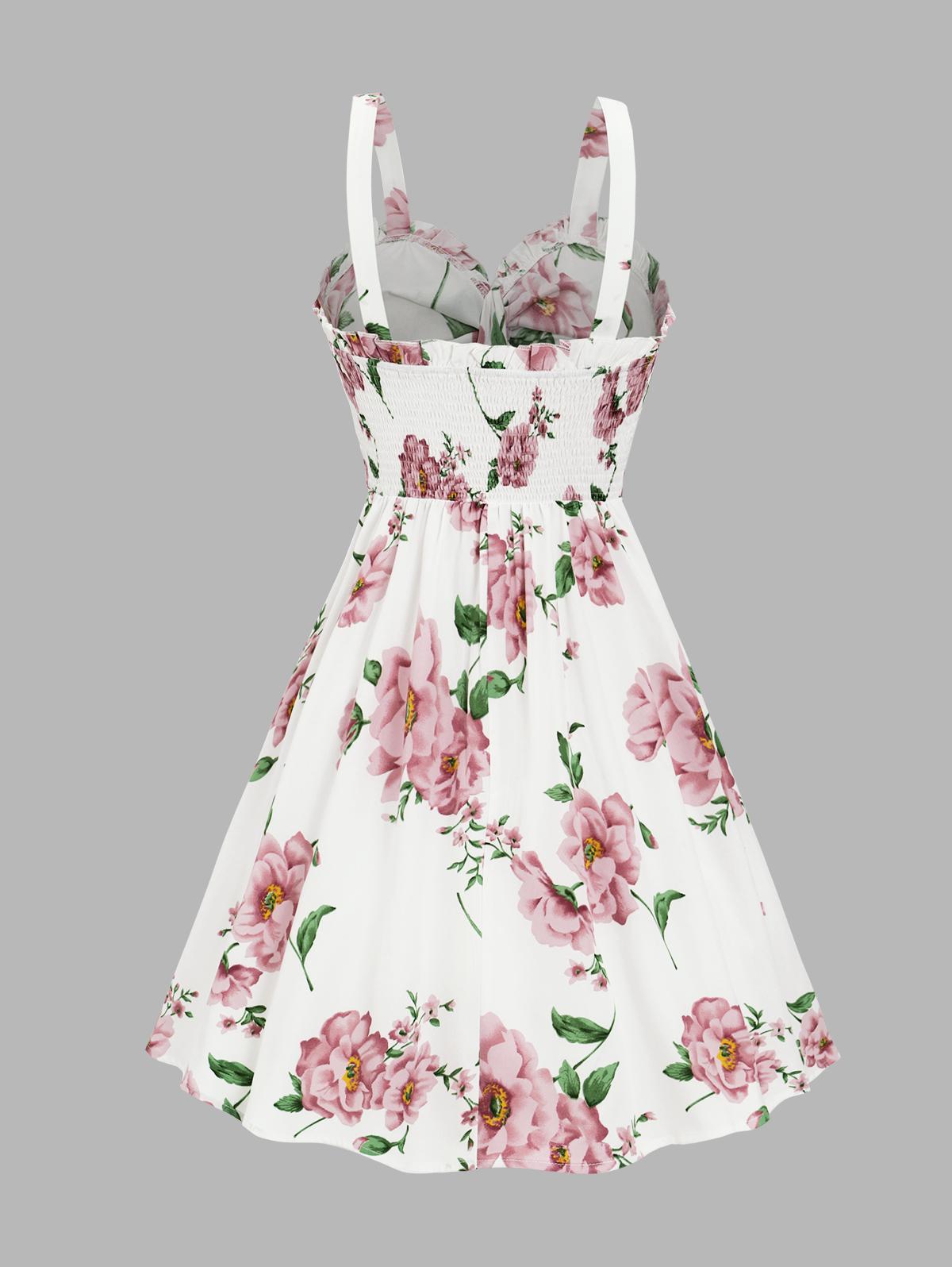 Women's Fashion Summer Dresses 2025 Floral Print Vacation Sundress Garden Party Dress Smock Back Ruffled Bowknot Mini Dress