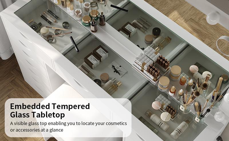 FUSOU [ Valentine's Day ] 55“W 15 Drawers Vanity Desk with Power Outlet【Shipping By 2 Packages】Makeup Table with Mirror and LED Lights, 3 Color Lighting Modes, Vanity Table with Chair for Bedroom