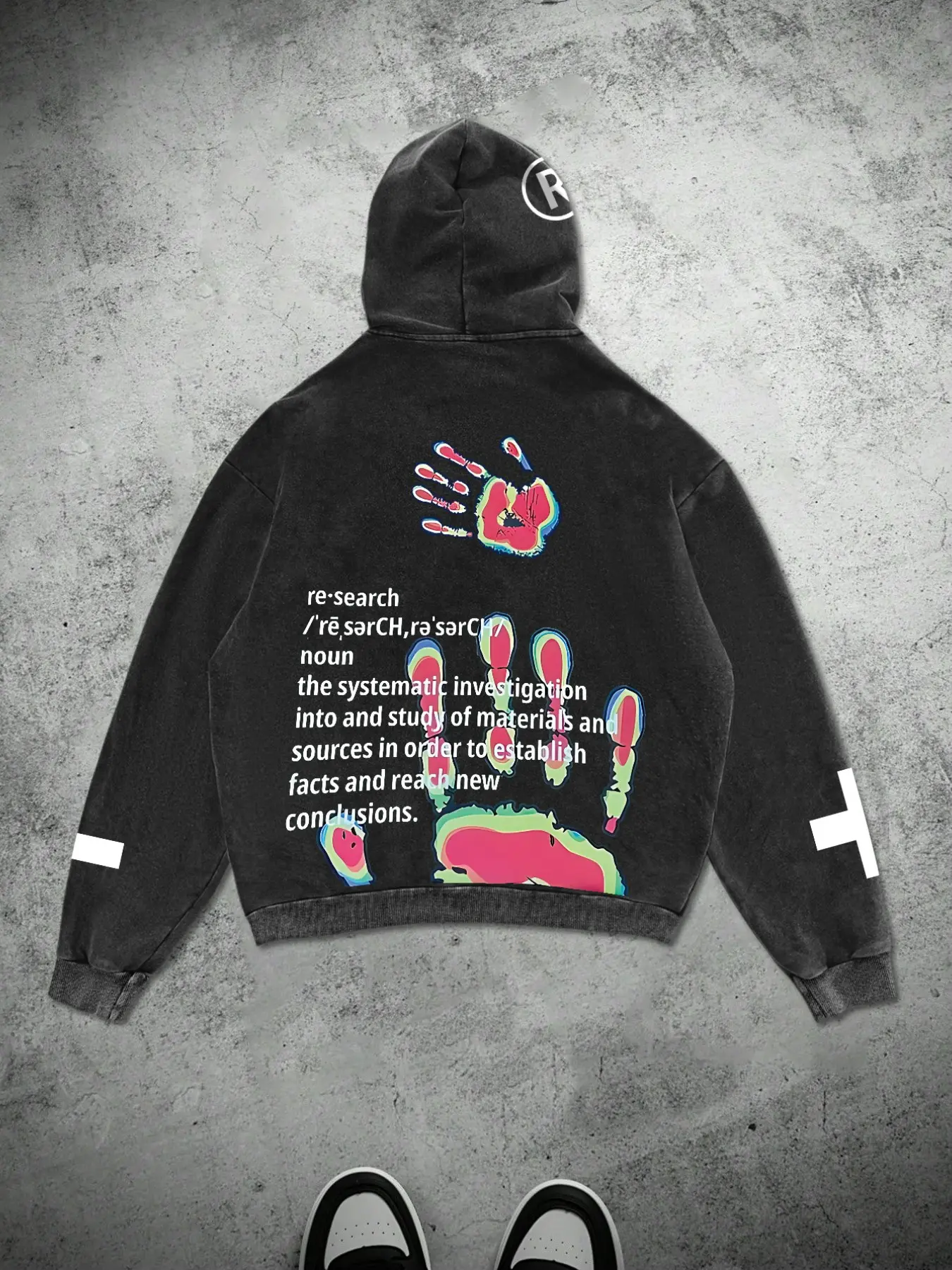 Men's Black Hoodie Long Sleeve Y2K Streetwear Vintage Washed Thermal Handprint Letter Graphic Sweatshirt for Unisex Daily Casual Wear