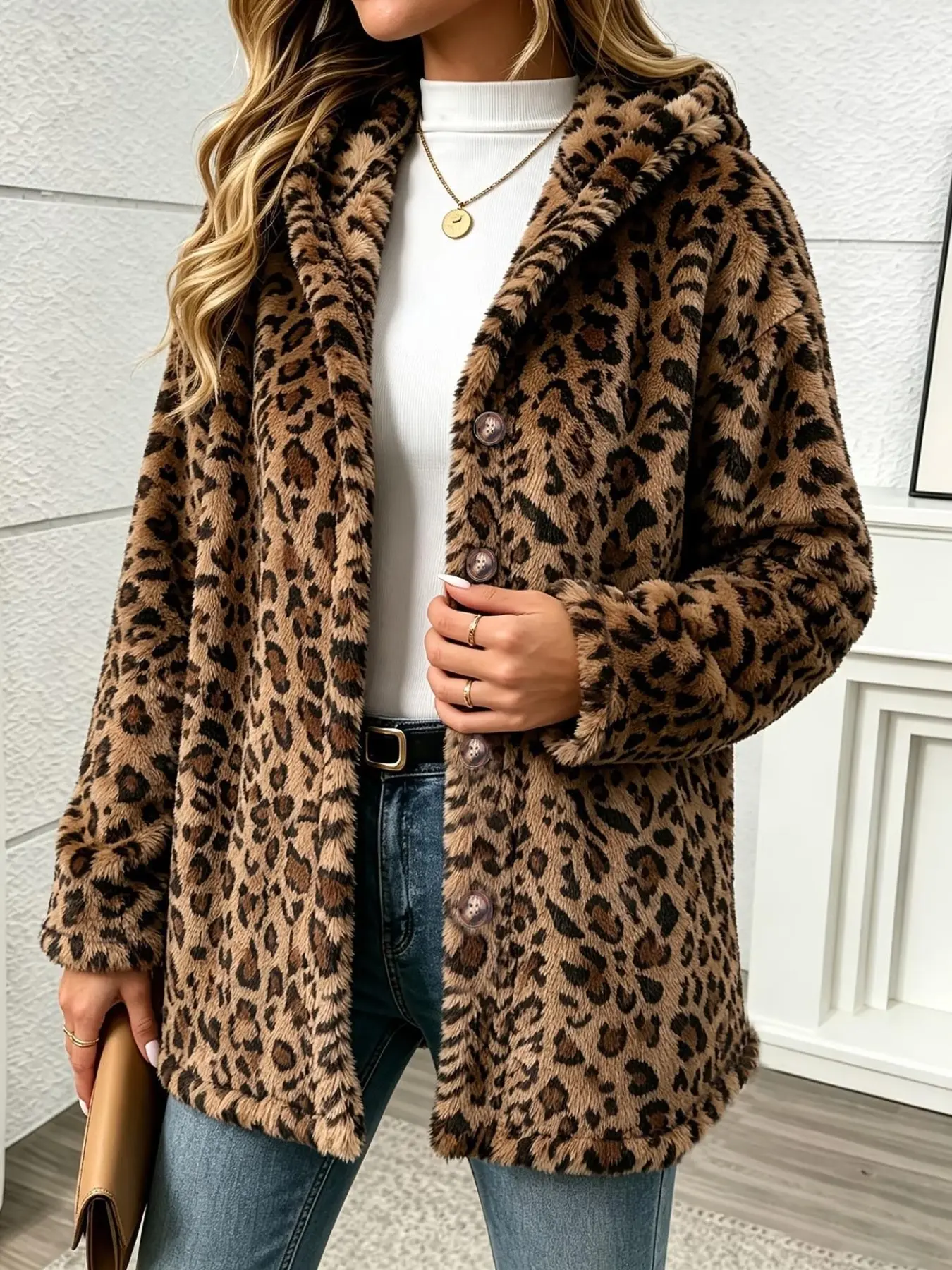 Women's Leopard Print Hooded Jacket, Single Button Side Hem Coat, Vintage Luxury Style, Loose Warm Fall Winter Outerwear