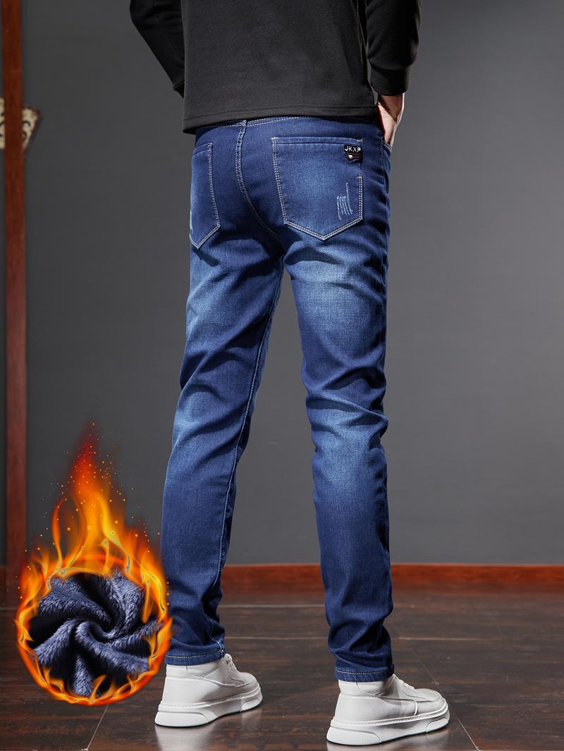 New Fall Winter Fleece Lined Thick Slim Fit Jeans for Men, Casual High-End Elastic Long Pants, Autumn Fashion Menswear