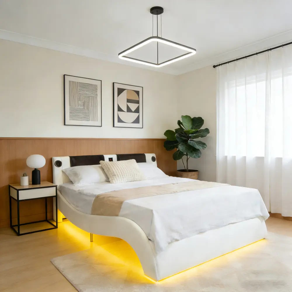 King Size Faux Leather Upholstered Platform Bed Frame - LED Lighting, Bluetooth-Connected Music Control, Backrest Vibration Massage, Curved Design, Wood Slat Support, Built-In Speakers, King Size Bed