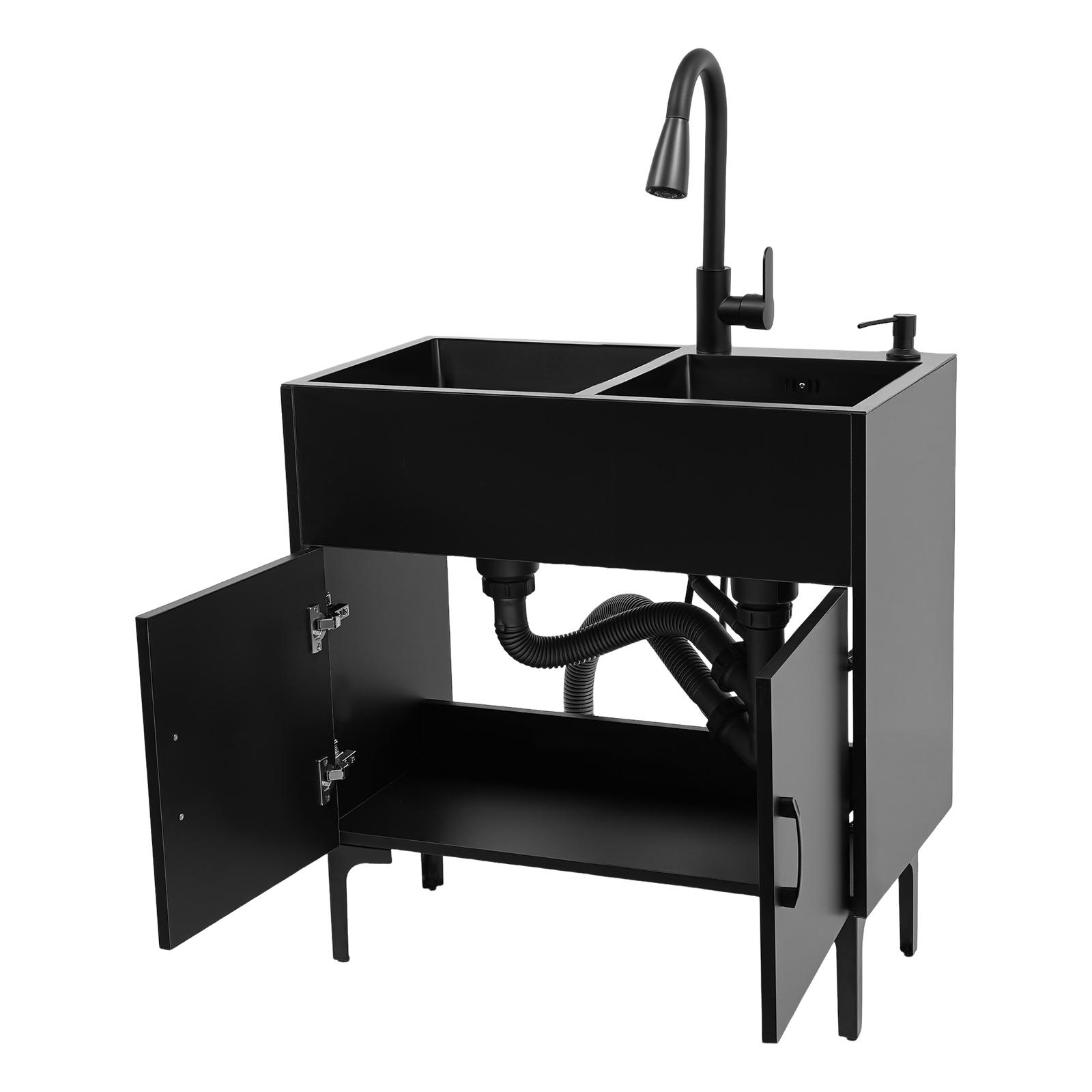Laundry Utility Sink with Cabinet & Pull-Down Faucet Freestanding Stainless Steel Utility Sinks with 2 Doors Deluxe Bouble Kitchen Sink Wash Station Tub for Laundry & Kitchen, Bathroom(Black) Laundry Utility Sink with Cabinet & Pull-Down Faucet Freestanding Stainless Steel Utility Sinks with 2 Doors Deluxe Bouble Kitchen Sink Wash Station Tub for Laundry & Kitchen, Bathroom(Black)
