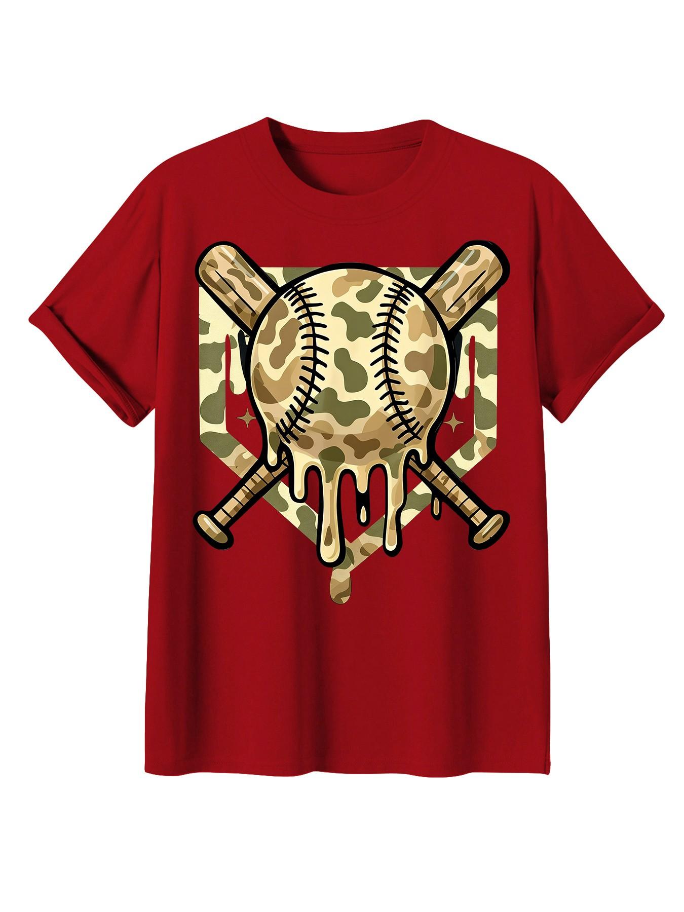 Baseball Style Ice Cream Drip Color Boy Pattern Camo T-Shirt, Fashion Casual Clothing, Ideal Gift for Sports Enthusiasts & Teens