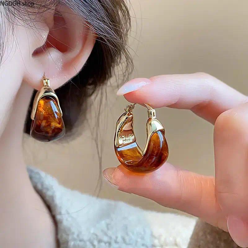 Women's Synthetic Tiger Eye Stone Fashion Earrings - Vintage Brown Marbled, Plain Minimalist Fashion Jewelry, Versatile Casual Accessory for Fall Sports & Outdoor Outfits, Single Pair