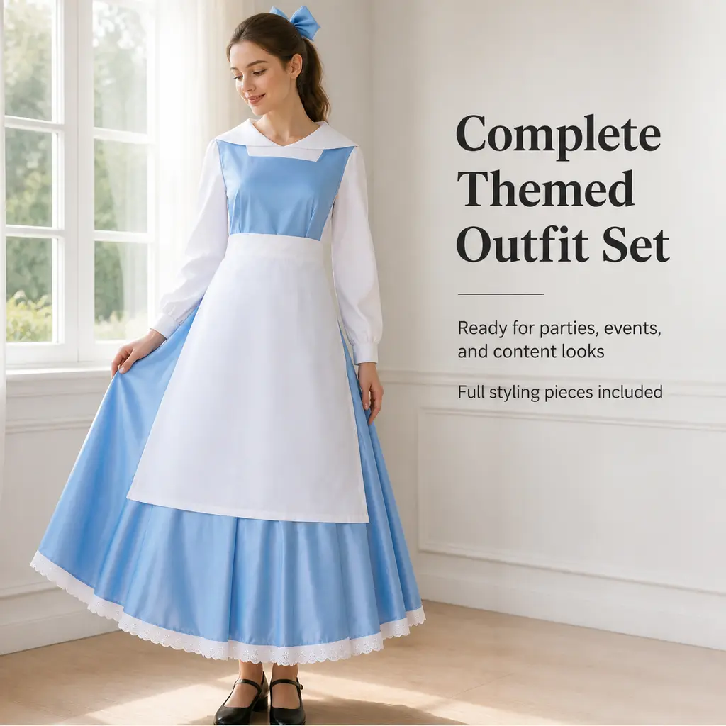 Women's Belle Maid-Style Cosplay Costume, Long-Sleeve Princess Midi Dress with Apron and Bow Accessory