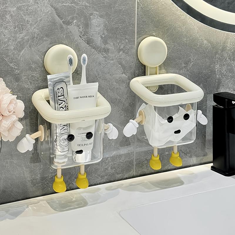 DIY Creative Cute Wall Mount Toothbrush Holder, No-Drill Suction Cup Bathroom Organizer with Multi-Sections for Toothpaste, Electric Toothbrush, Razor, Makeup Brushes, Kitchen Storage Supplies