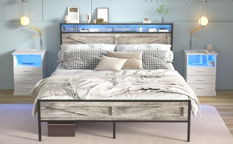 Vabches LED Nightstand with Charging Station, Side Table with 3 Drawers and Light, End Table with Open Storage, Beside Cabinet for Bedroom