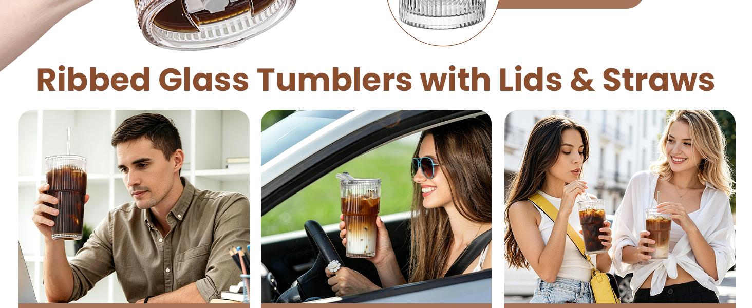 20 Oz Ribbed Glass Tumblers with Lids and Straws - 4 Pack Reusable Glass Coffee Cups with Straws and Lids, Thicken Glass, Ideal for To Go Iced Coffee