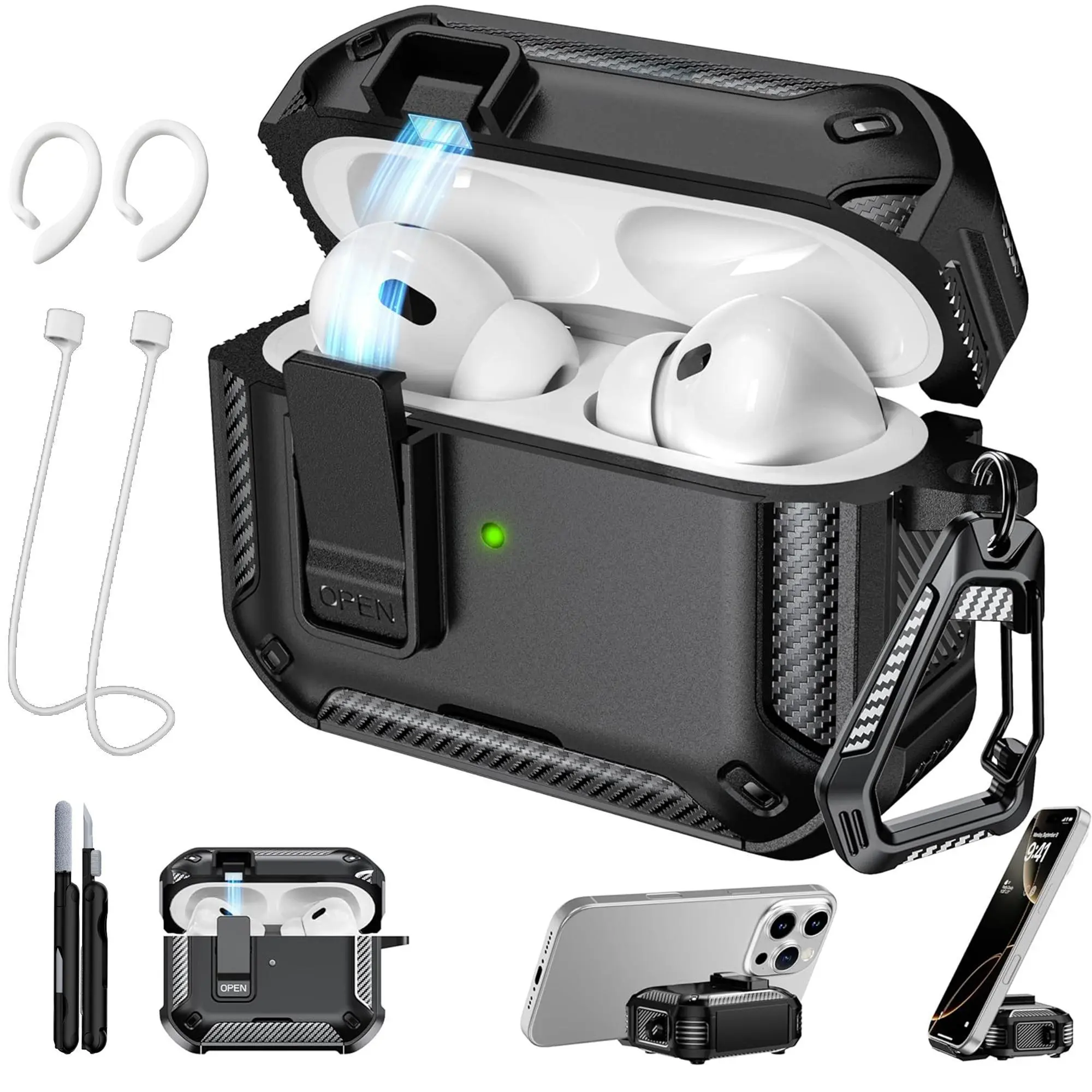 AirPods Pro 3 Generation Case Cover with Cleaner Kit, Military Hard Shell Protective Armor with Lock for AirPod Gen 3 Charging Case 2026,Front LED Visible (black））