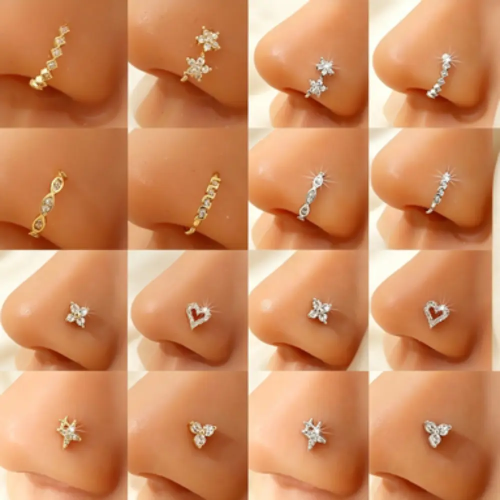 Women's Small Compact Curved Rhinestone Nose Studs - Assorted Star, Heart, Flower Shapes - Lightweight Inlaid Crystals Nose Piercing Accessories for Adult Females Daily Decoration