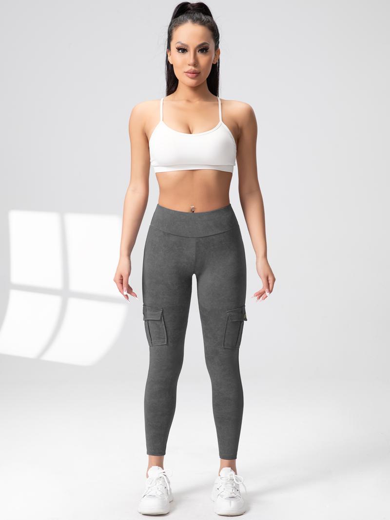 CHRLEISURE 2PCS Cargo Pants Workout Cargo Leggings with Four Pockets For Women Gym Yoga High Waist Leggings