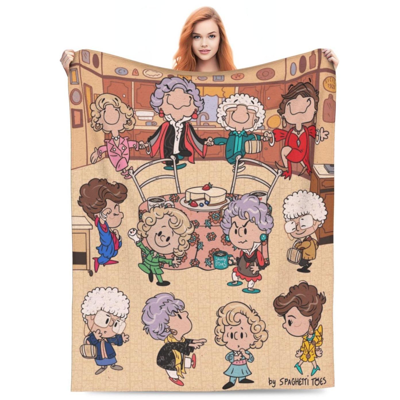 Golden Girls Cartoon Flannel Throw Blanket Soft Lightweight Cozy All Season Blanket For Sofa Bed Office Travel Classic TV Show Fan Bedroom Decor Holiday Birthday Women Best Friend Gift Blanket