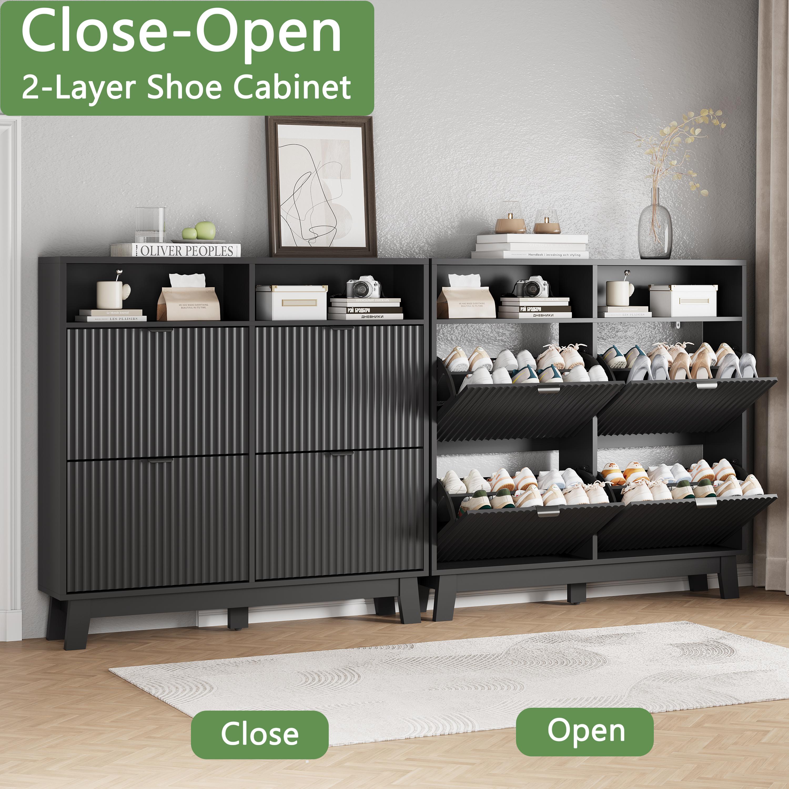 Shoe Cabinet Storage for Entryway with 4 Flip Drawers, Fluted Narrow Shoe Organizer with Wooden Legs & Top Cubby, Freestanding Slim Shoe Storage Hidden Shoe Rack for Front Door Entrance Shoe Cabinet Storage for Entryway with 4 Flip Drawers, Fluted Narrow Shoe Organizer with Wooden Legs & Top Cubby, Freestanding Slim Shoe Storage Hidden Shoe Rack for Front Door Entrance