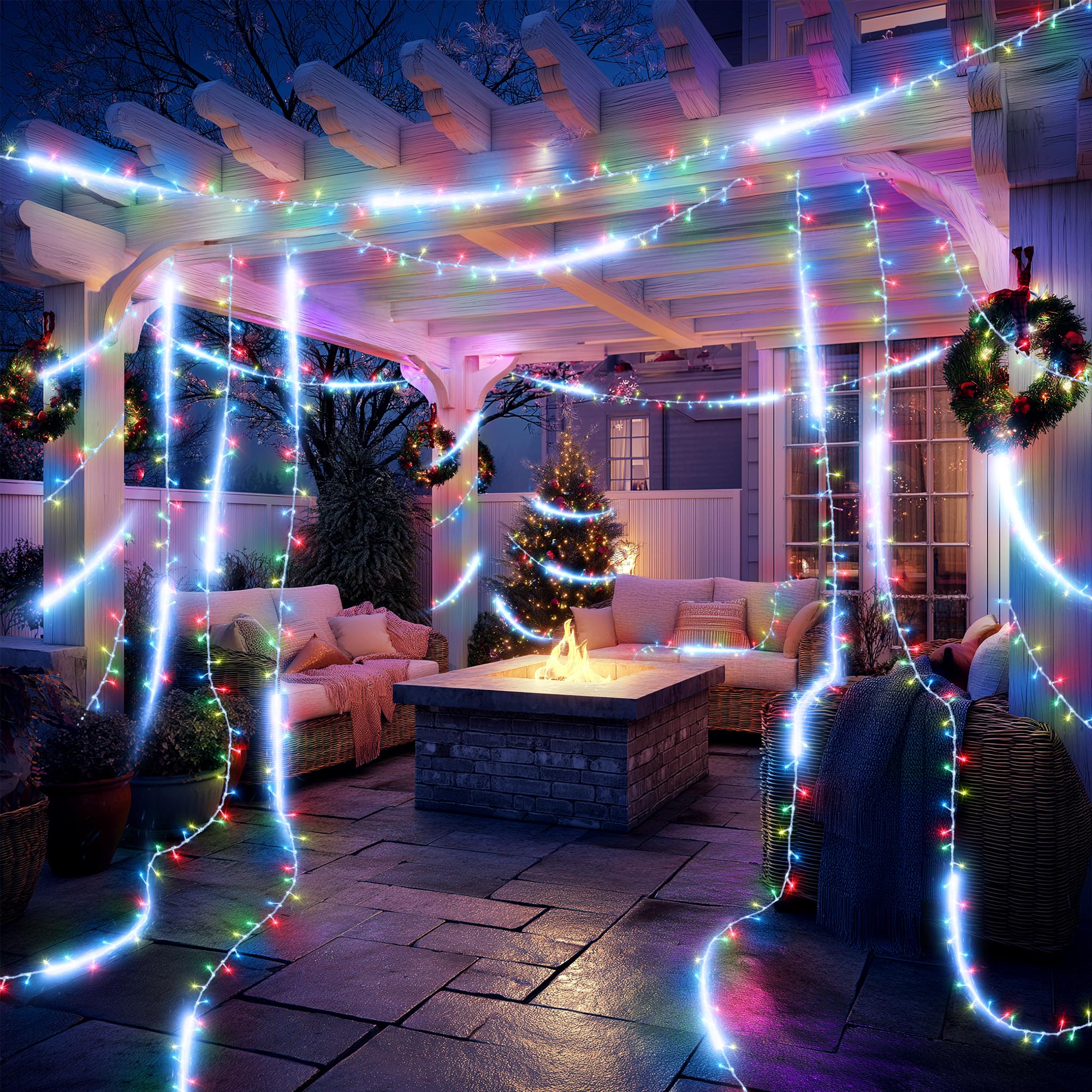 30FT Outdoor Water Flowing Lights - 240 LEDs Christmas Multicolor String Lights with 8 Basic Modes + 6 Flowing Modes,Outdoor Waterproof Timmer Memory Function Patio Lights