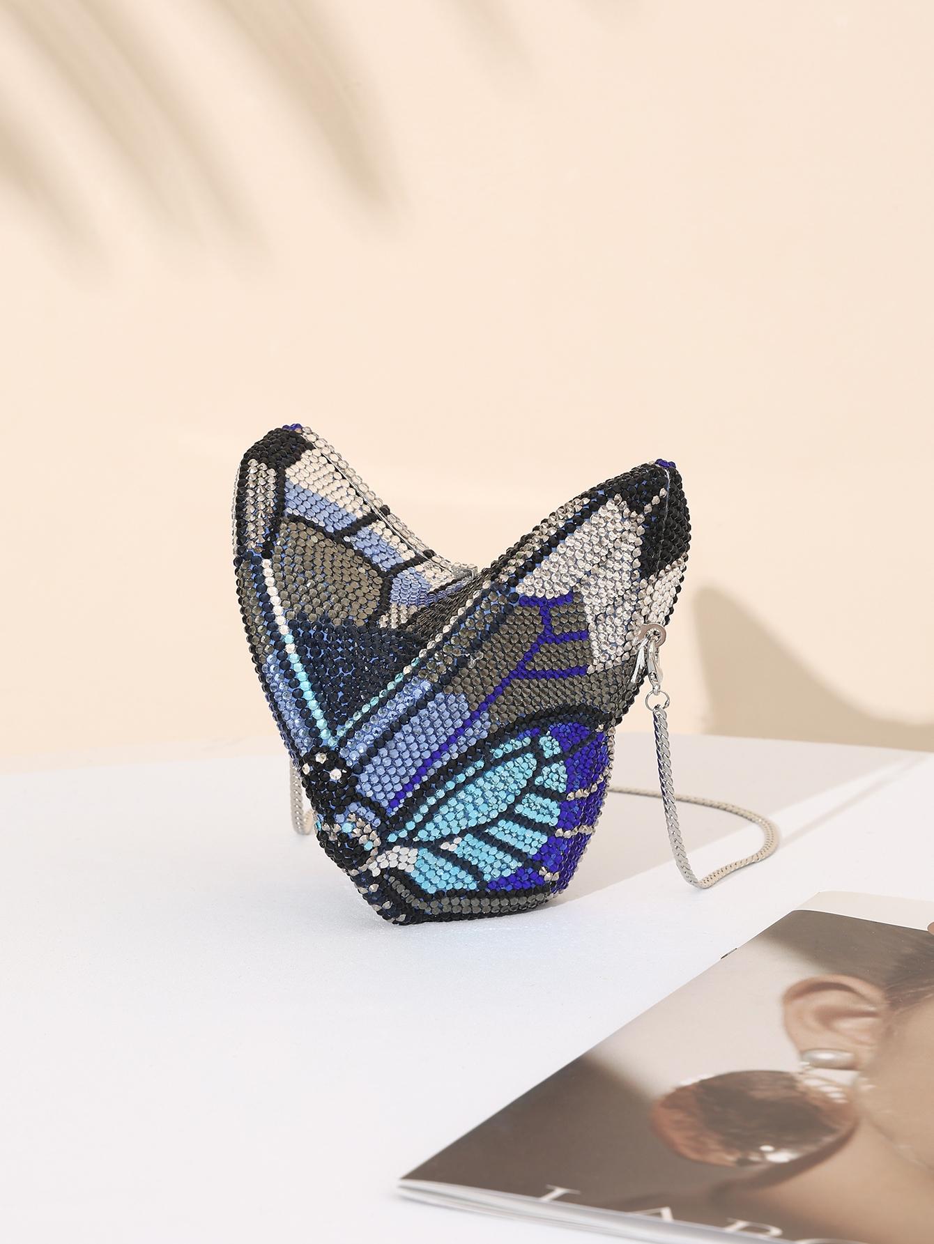 Shimmering Butterfly Shape Evening Clutch, Crystal Wedding Party Bag, Handmade Metal Diamond Purse, Perfect for Weddings and Parties