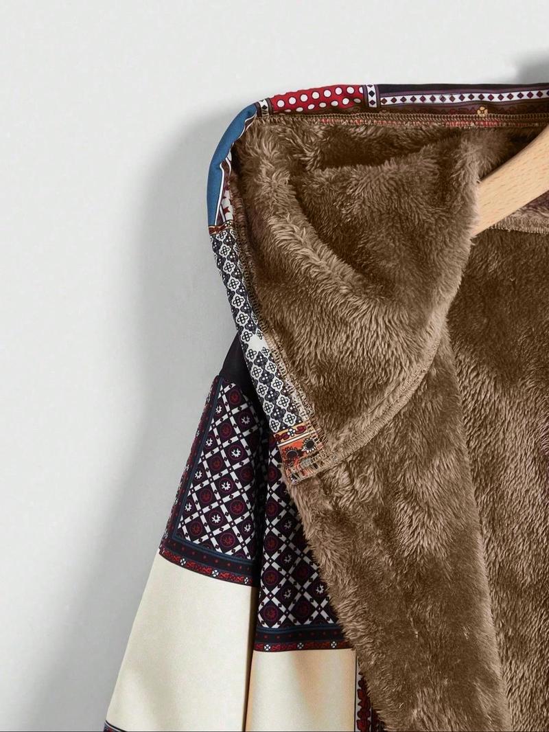 Women's Patchwork Print Long Sleeve Hooded Coat, Casual Pocket Thermal Lined Outerwear for Fall & Winter, Women's Clothing for Daily Wear