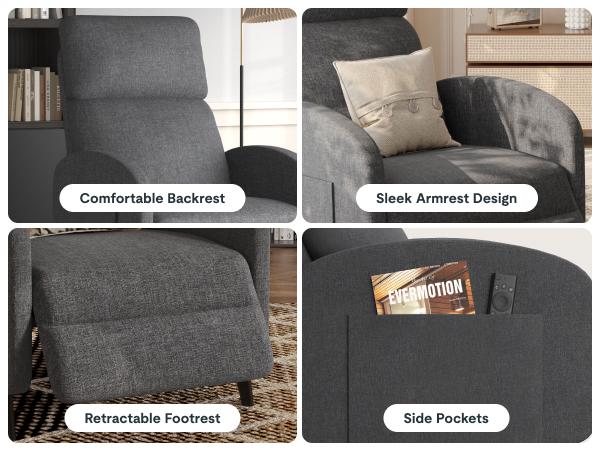 【Valentine Day Sale】】FLEXISPOT Recliner Chair for Adults – Fabric Single Sofa Armchair with Side Pockets, Adjustable Backrest & Extended Footrest, Small Modern Reclining Chair for Living Room, Home Theater & Office, 300Lbs Capacity