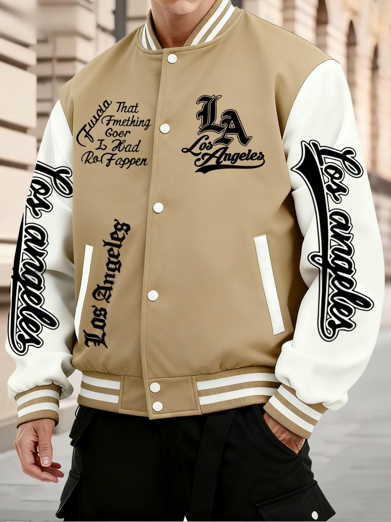 La Style Baseball Jacket, Los Angeles Print, Button Closure, Stretchy Fabric, All Seasons, Comfortable Outerwear, Casual Fitted Design